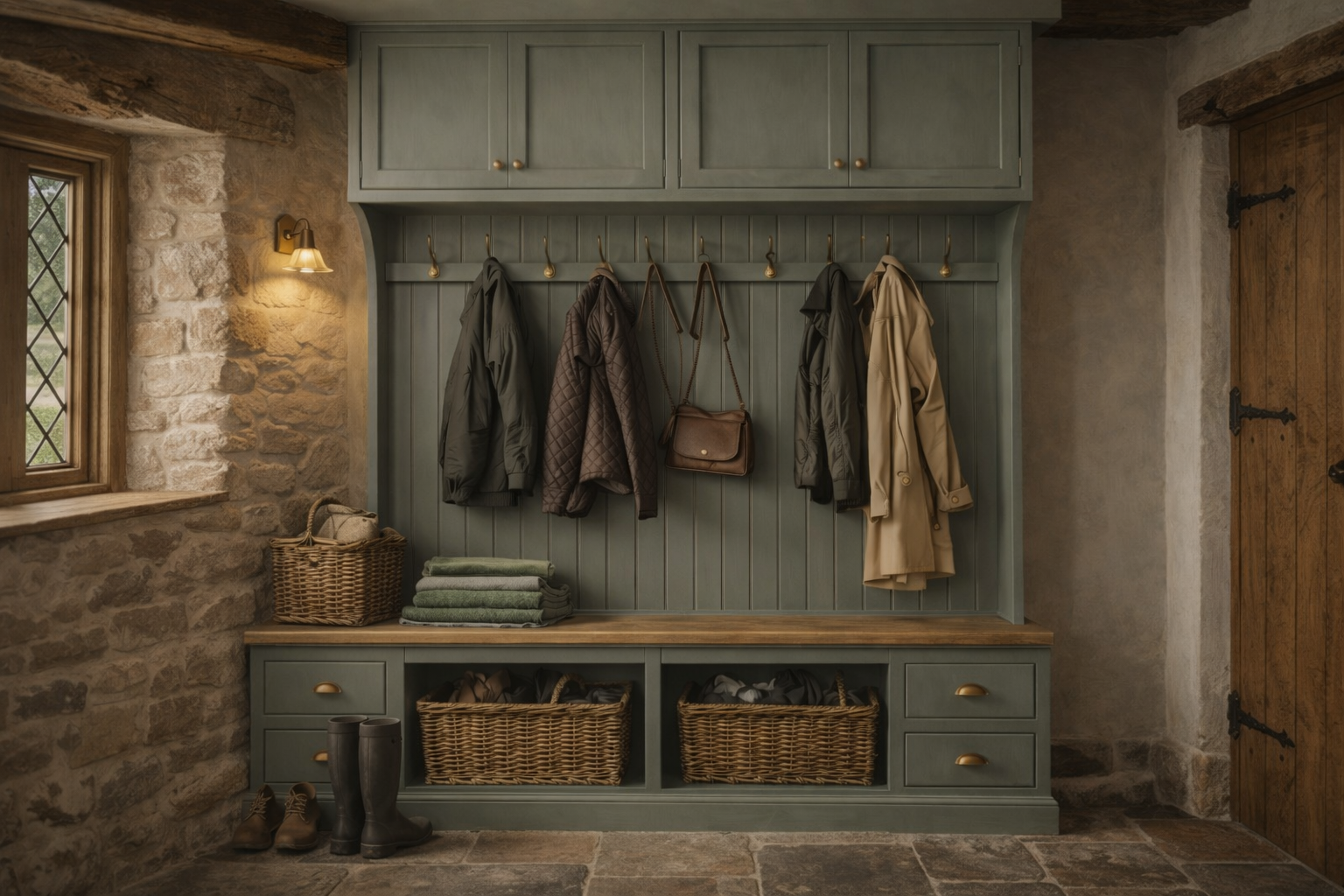 Boot room entryway with a green coat rack and bench, boot room, bespoke, holding coats, a handbag, and folded towels, with baskets underneath and a stone wall near a window.