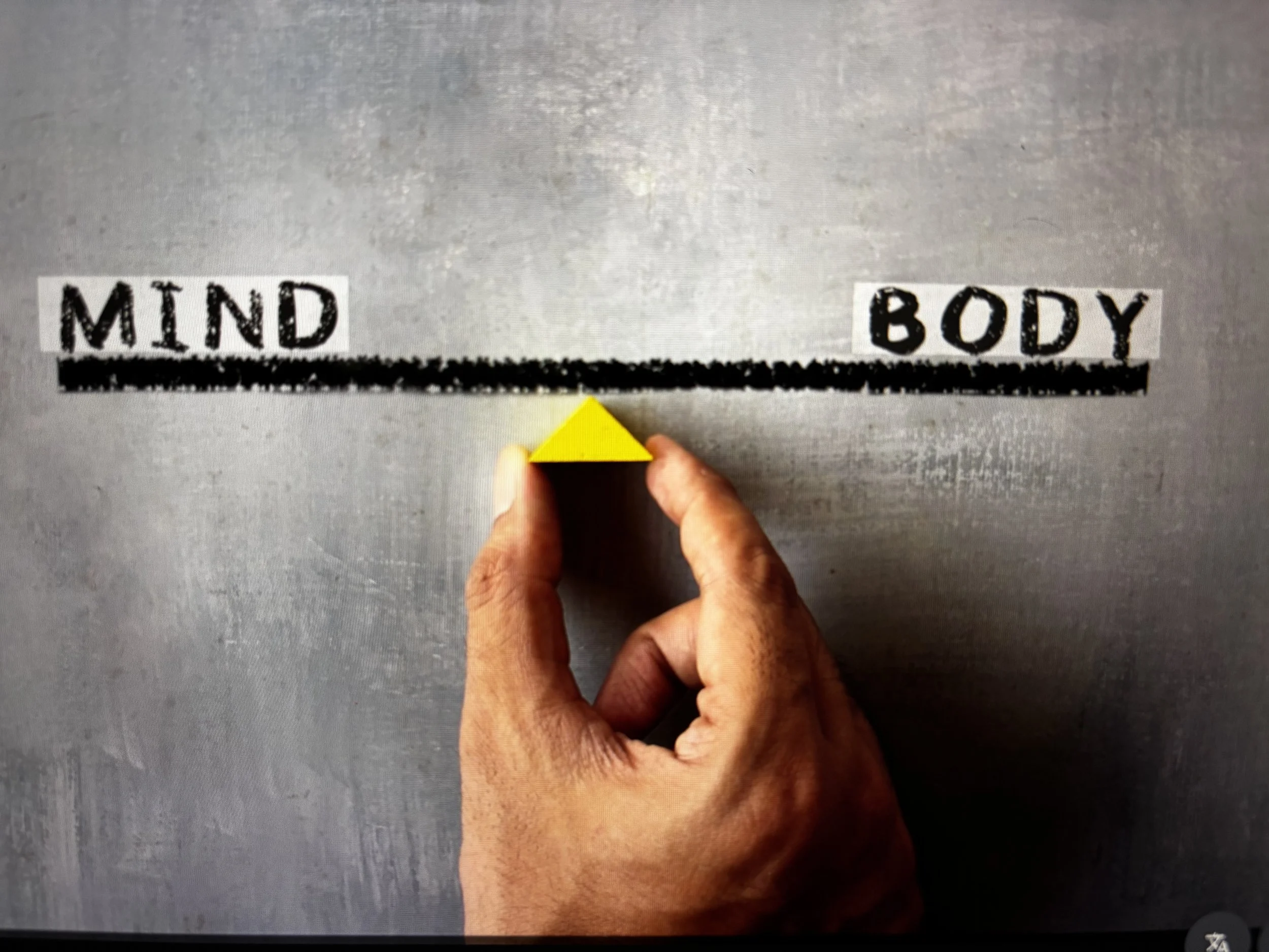 A hand holding a yellow chalk piece touching a surface with the words 'MIND' and 'BODY' written on a chalkboard, separated by a thick black line.