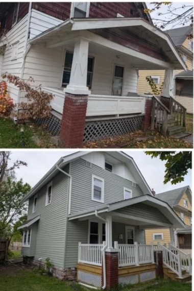 Comparison of a house before and after renovation, showing an upgraded exterior with fresh paint, new siding, and a rebuilt front porch with added railing.