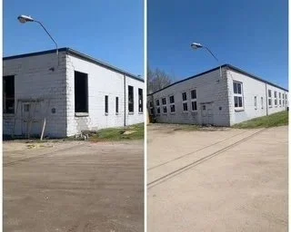 Two side-by-side views of a white, brick, rectangular building with multiple windows under a clear blue sky.