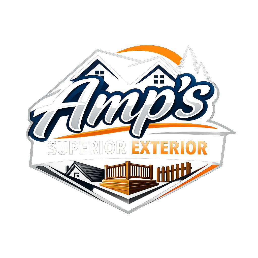 Sign for Amp's Superior Exterior with a house roof, decks, and fence illustrations.