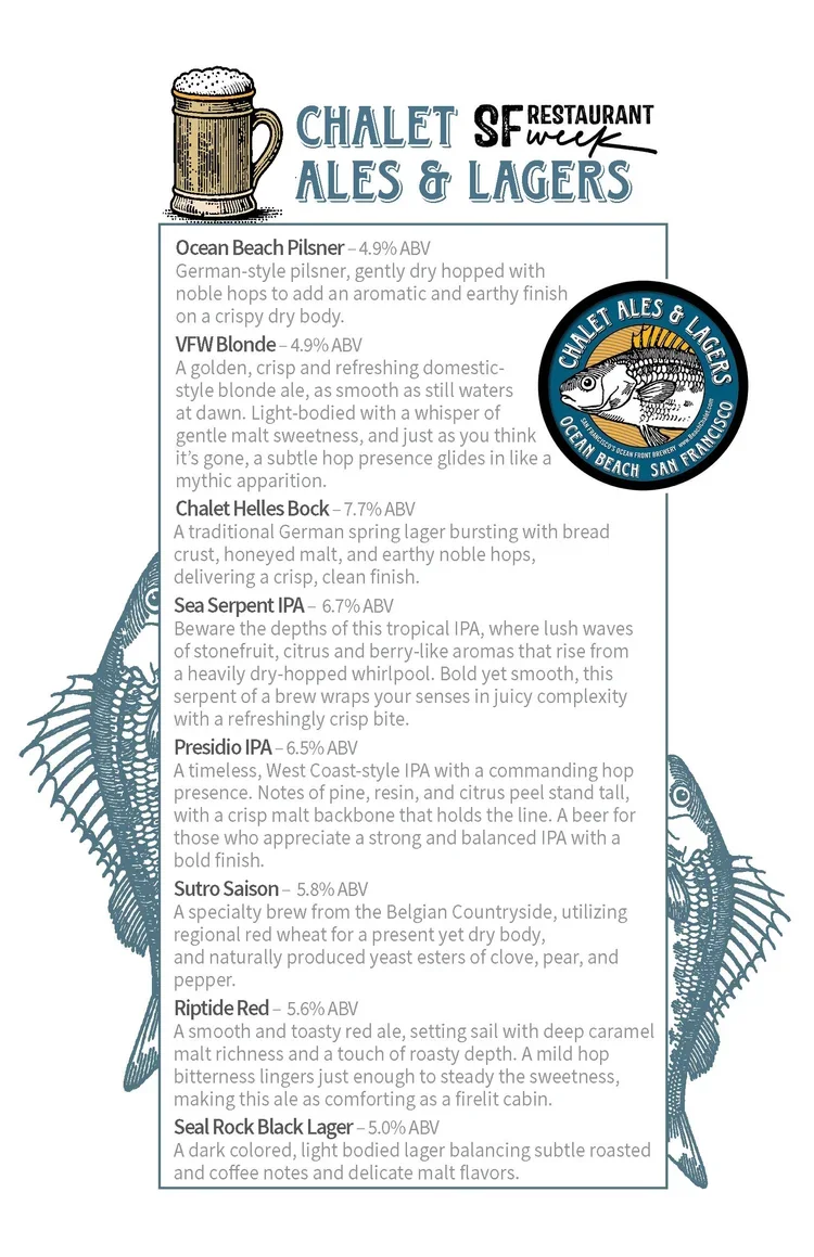 A menu featuring various craft beers at Chalet Ales & Lagers, including Ocean Beach Pilsner, VFW Blonde, Chalet Helles Bock, Sea Serpent IPA, Presidio IPA, Sutor Saison, Riptide Red, and Seal Rock Black Lager, with descriptions of each.