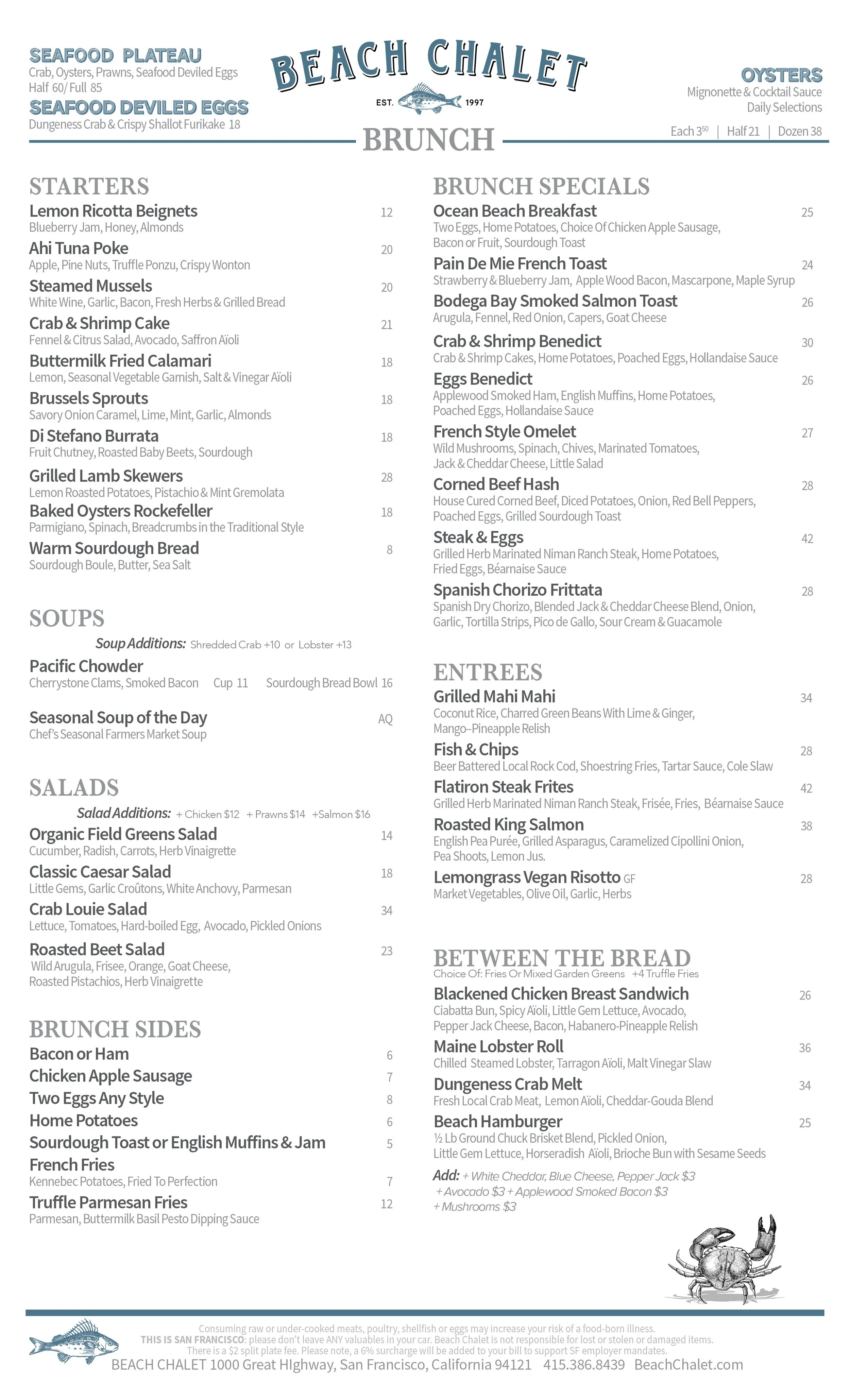 Menu for Beach Chalet in San Francisco featuring seafood starters, soups, salads, brunch, entrees, and brunch sides with prices. Includes illustrations of a fish and a crab at the bottom.