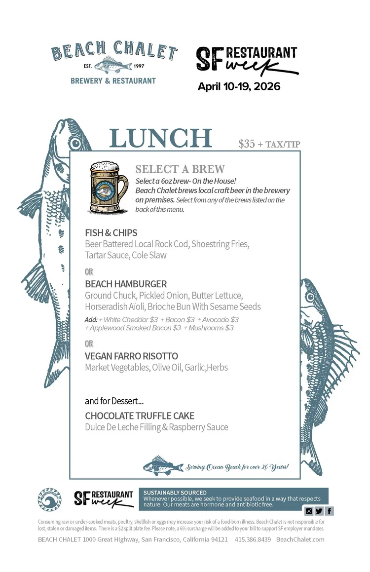 Lunch menu from Beach Chalet Brewery & Restaurant, California, offering brew options, fish and chips, beach hamburger, vegan farro risotto, and chocolate truffle cake for dessert, dated April 10-19, 2026.