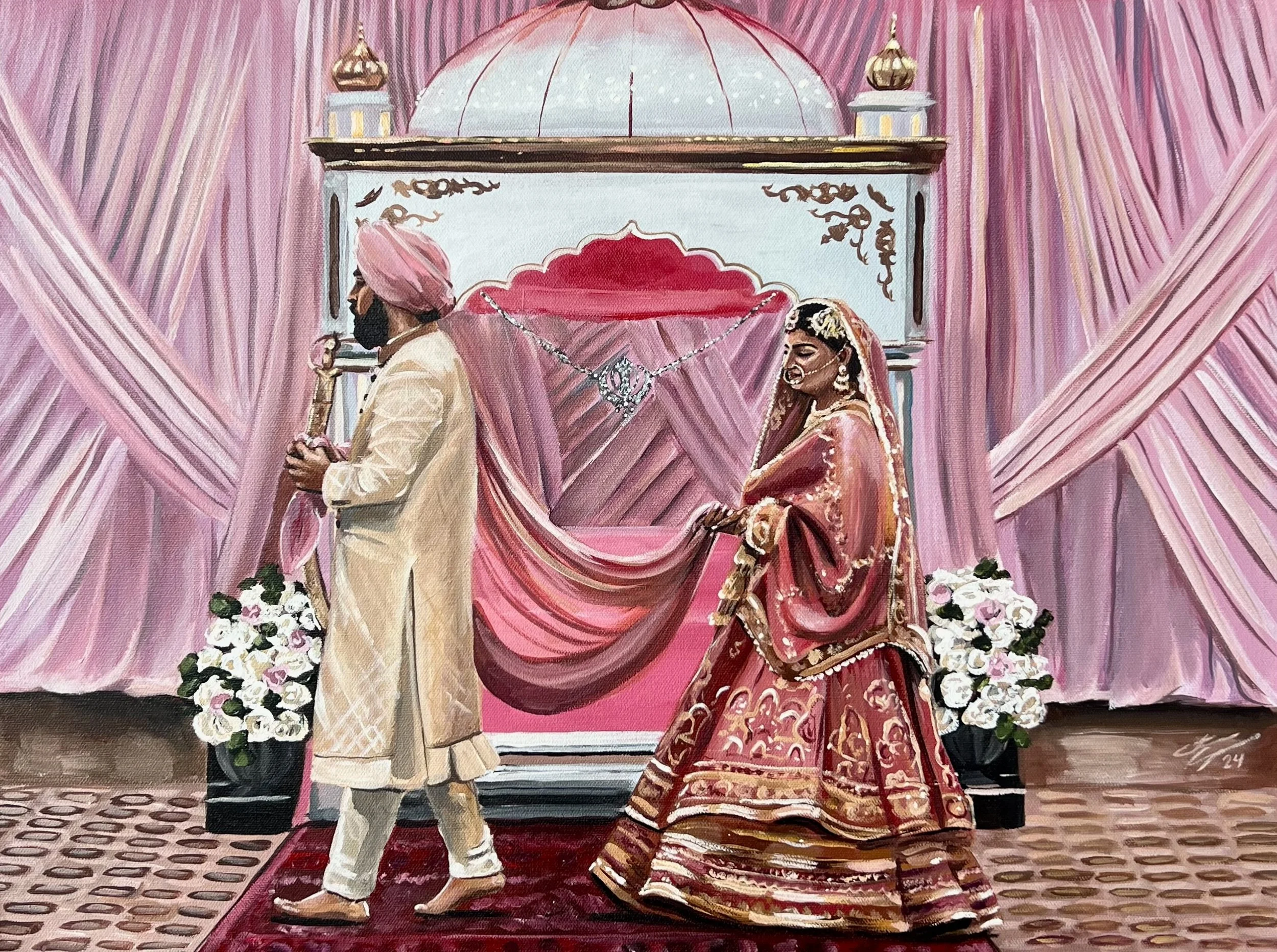 bride and groom during a wedding ceremony, standing in front of pink draped fabric with floral arrangements, the groom in traditional beige sherwani and pink turban holding a sword, the bride in a maroon and gold bridal lehenga holding part of her du