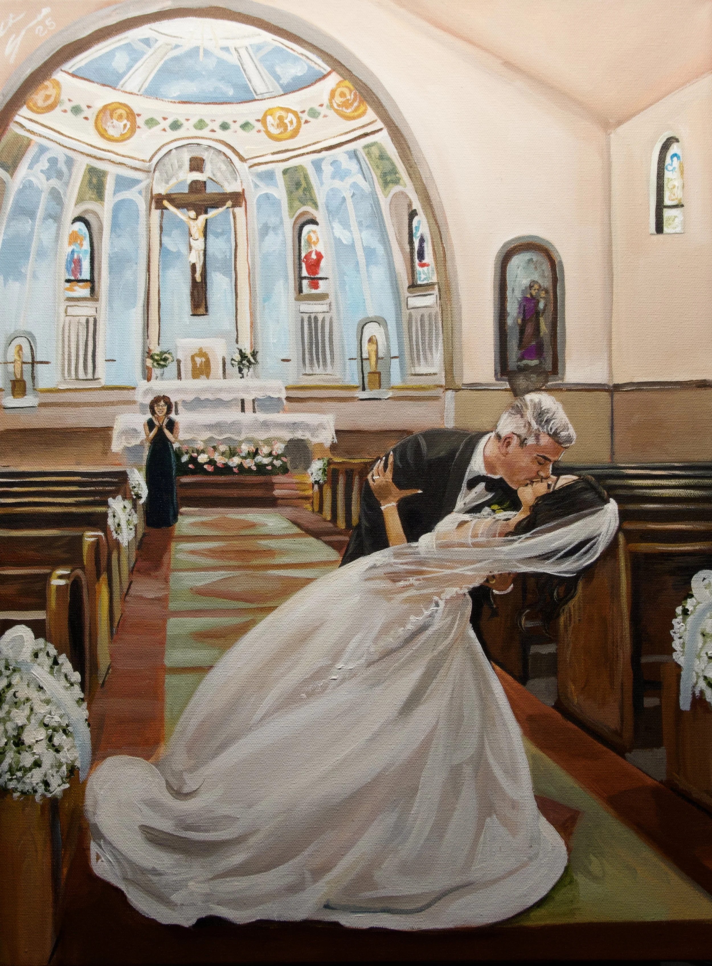 live wedding painting church dip kiss down the aisle. St mary of the angels toronto wedding painted by Catarina Cruzeiro toronto live painter.