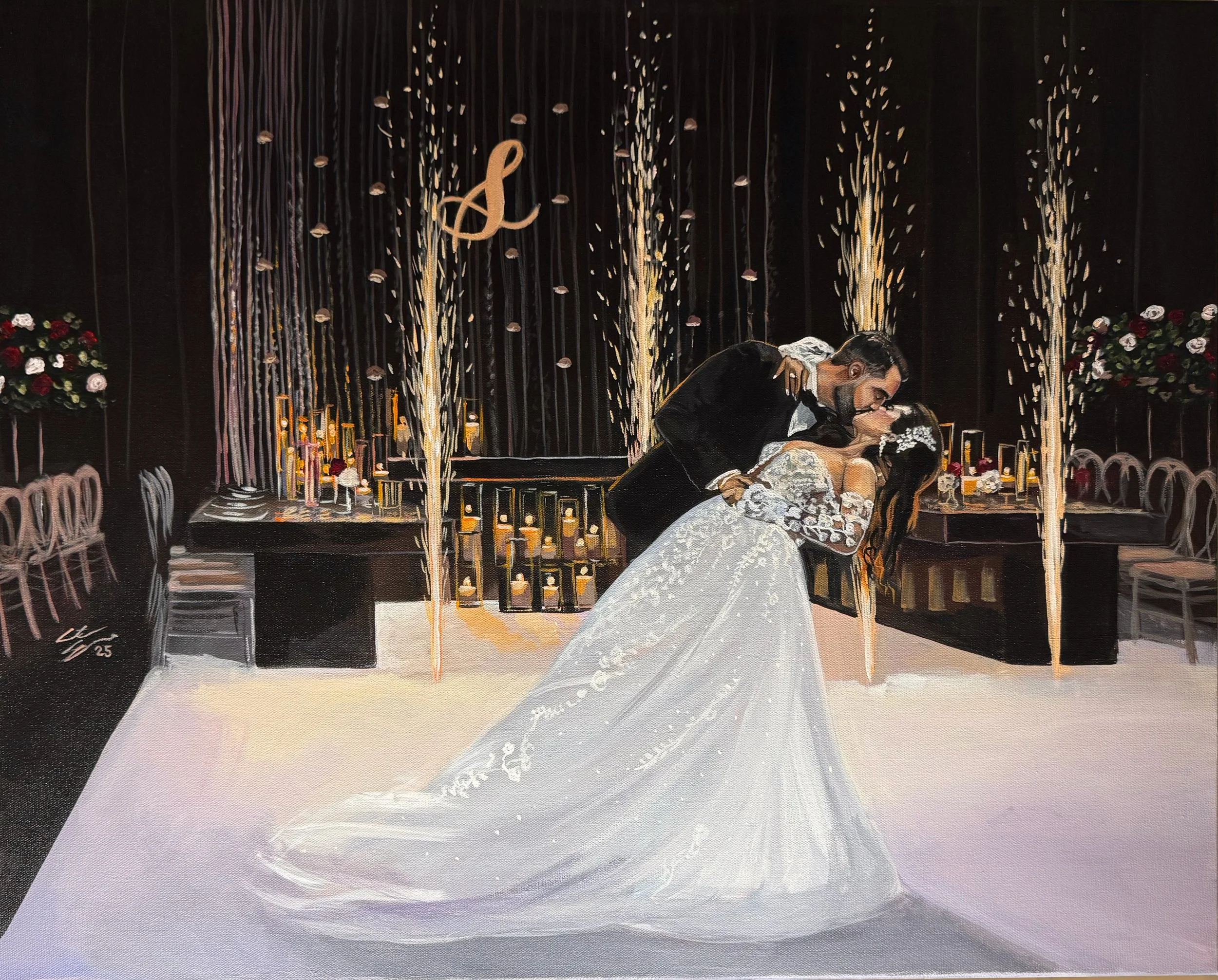 live wedding painting first dance la primavera event space vaughan ontario. dip kiss with fireworks in the background. 