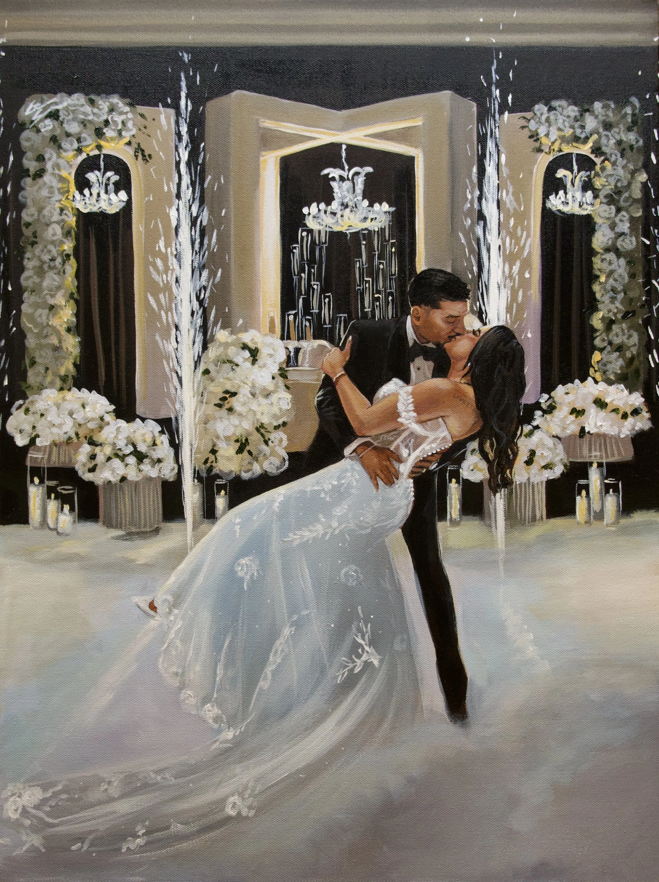 live wedding painting by toronto ontario live painter catarina cruzeiro dip kiss first dance