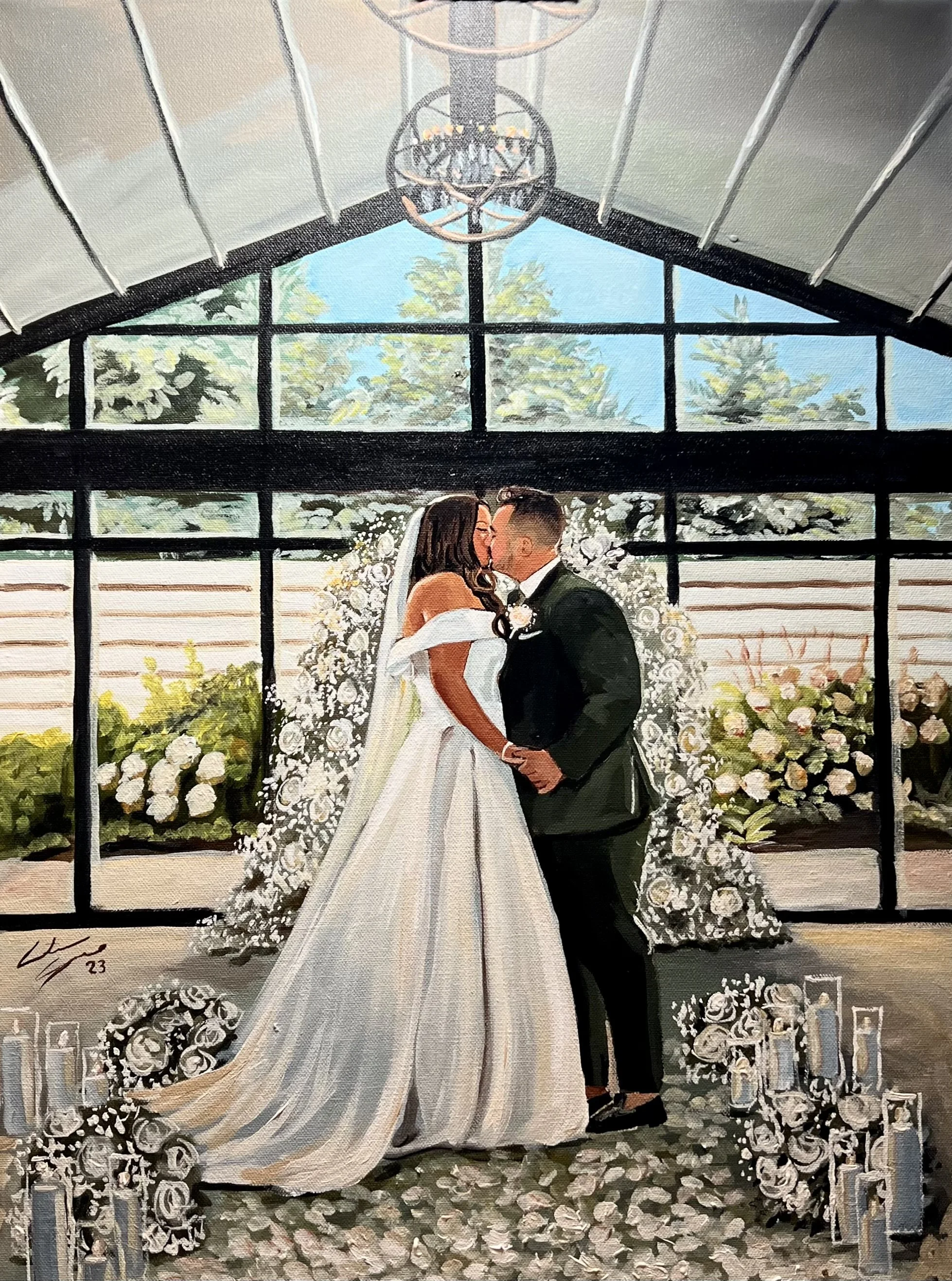 Painting of a wedding couple kissing inside a greenhouse with floral arrangements and candles.