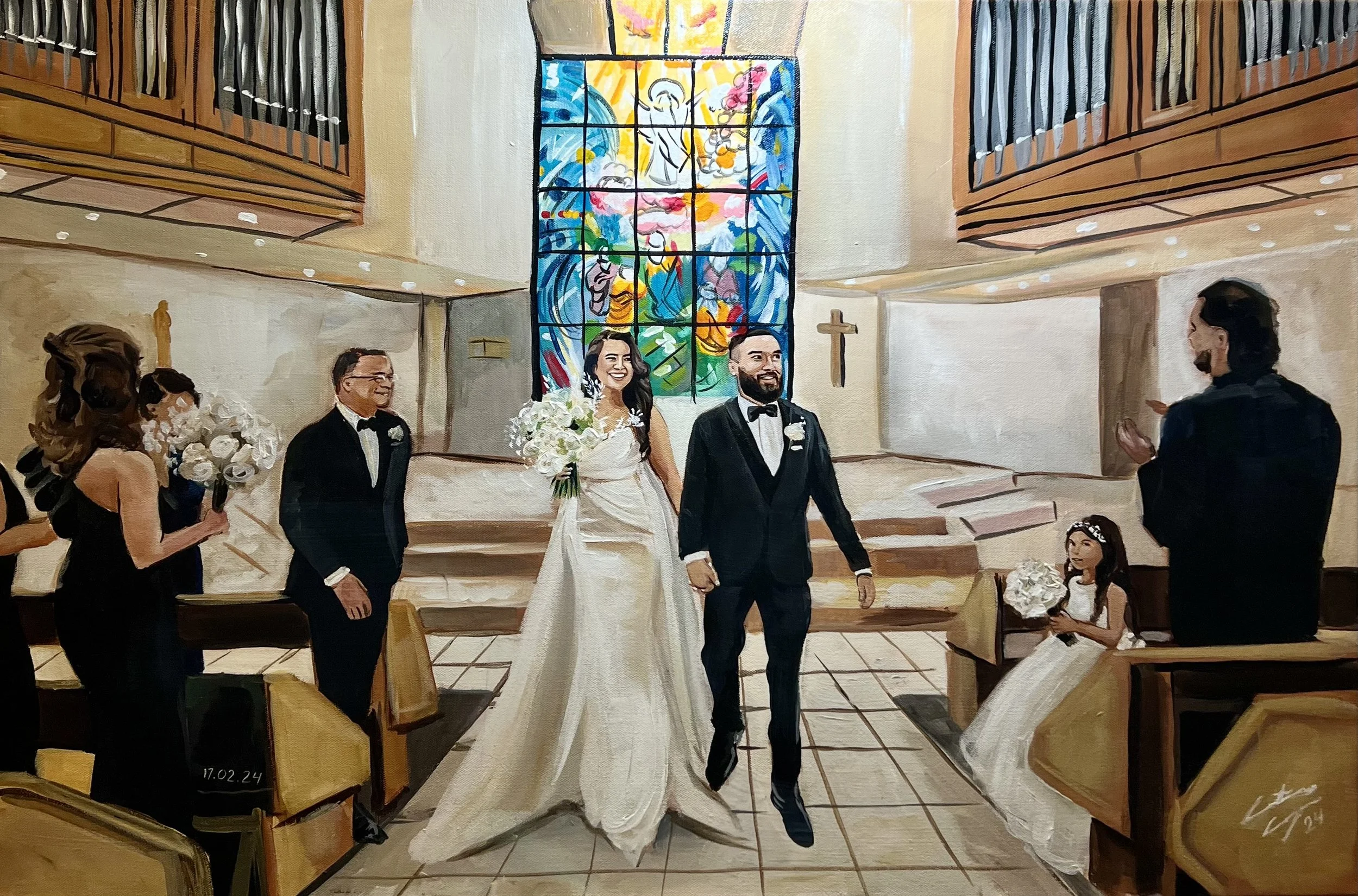 A painting of a wedding ceremony in a church with the bride and groom holding hands in front of the officiant. The bride is wearing a white wedding dress and holding a bouquet of white flowers. The groom is in a black tuxedo. Two bridesmaids and a gr