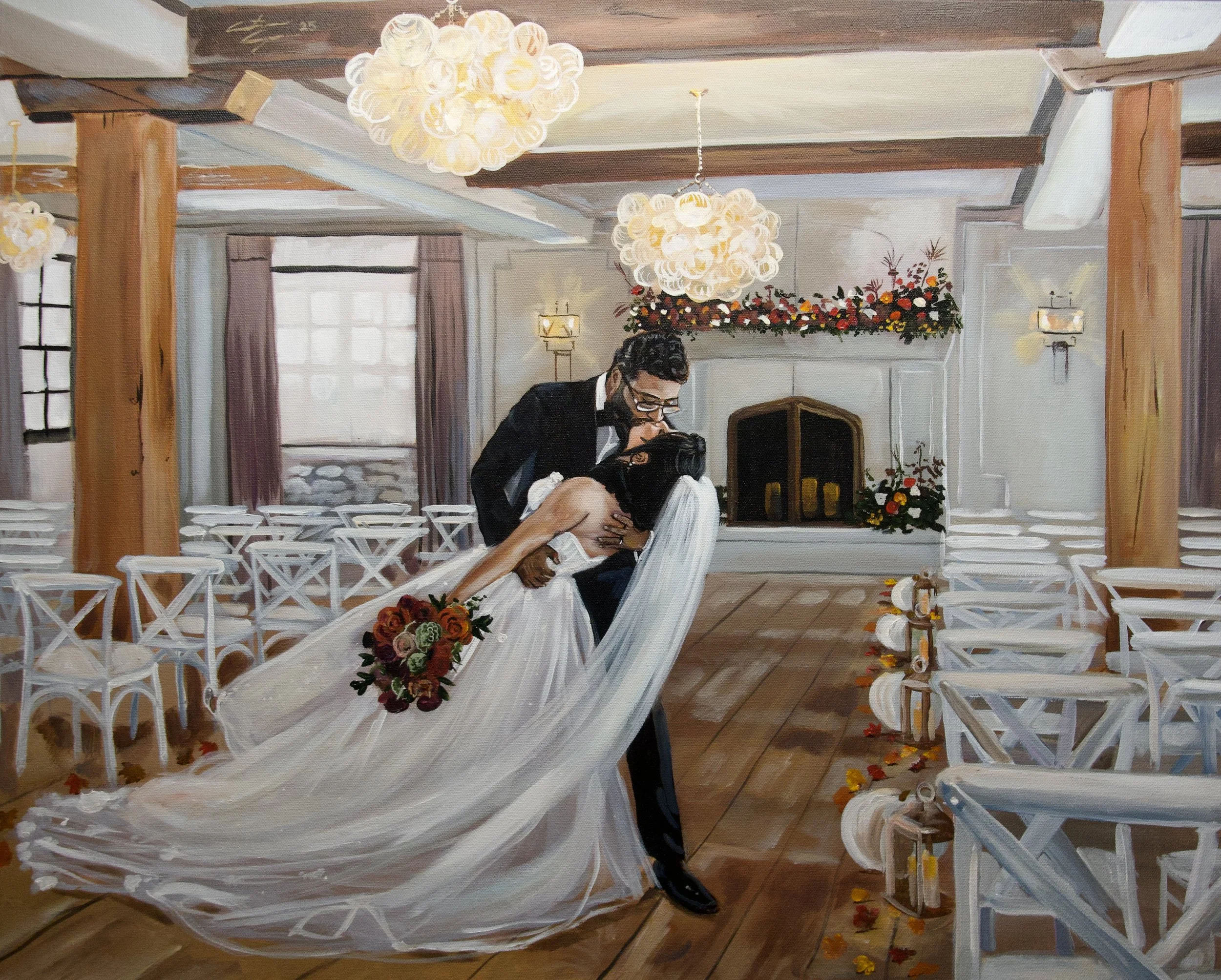 wedding recessional live wedding painting by toronto ontario live painter catarina cruzeiro at Elora Mill. 