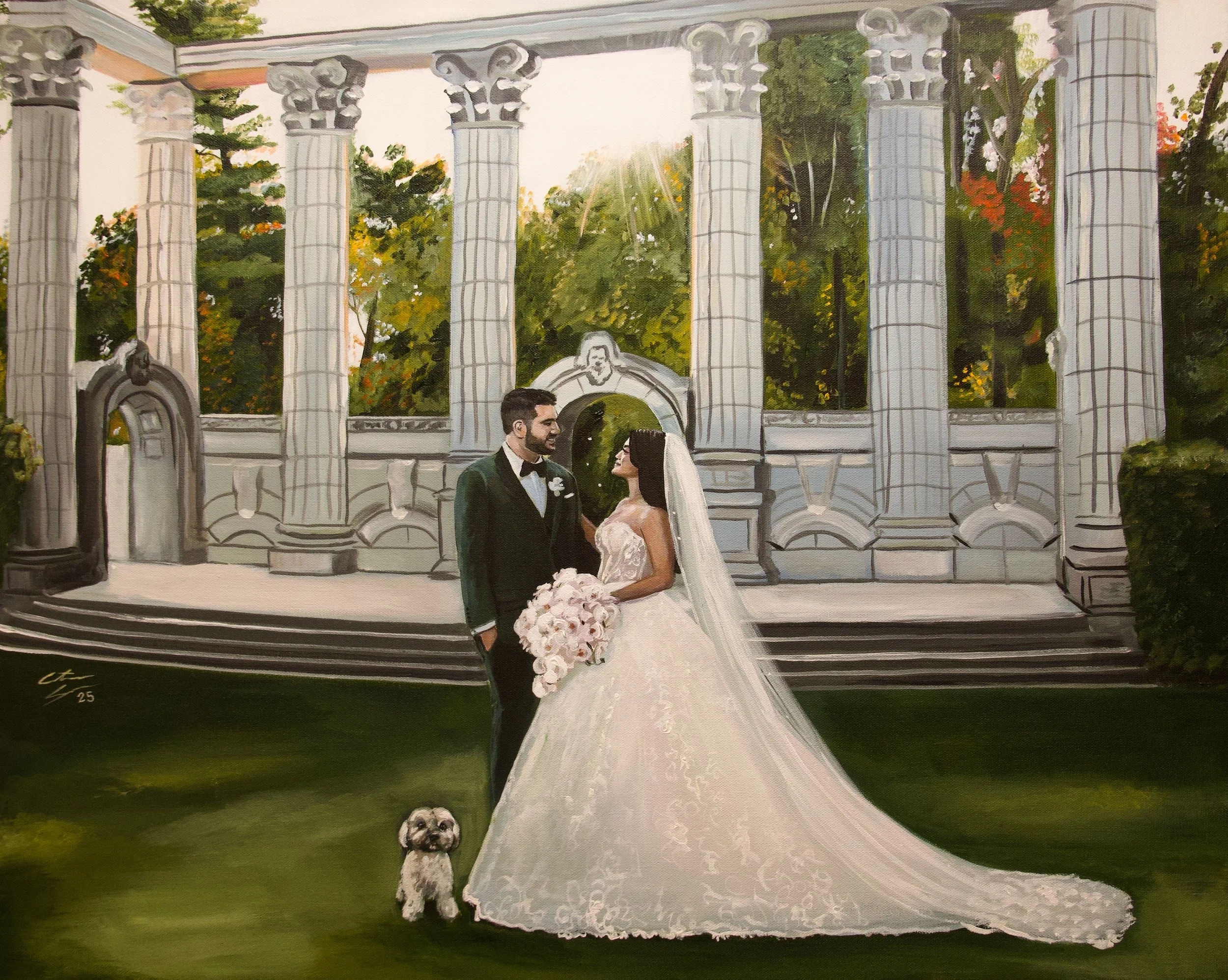 live wedding painting guild inn estate arches columns in the background.