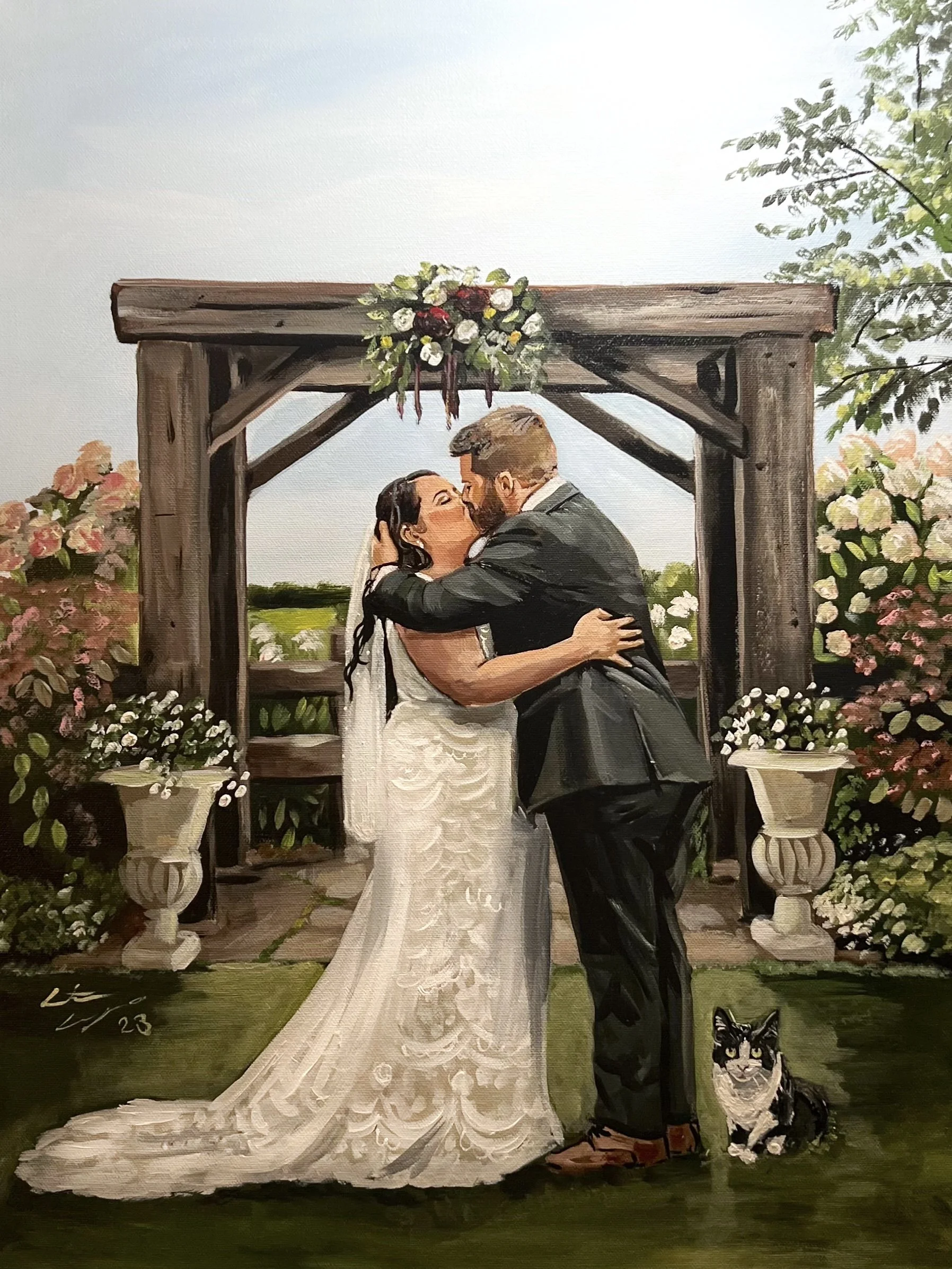 A painting of a wedding couple kissing under a wooden arbor surrounded by flowers and greenery, with a black and white cat sitting on the grass nearby.