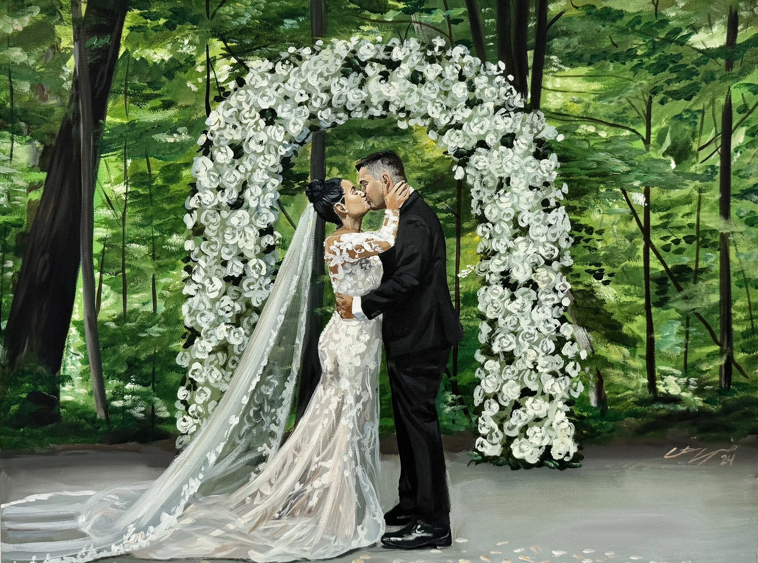 live wedding painting by toronto ontario live painter catarina cruzeiro. first kiss. Outdoor wedding ceremony at Kortright Centre for Conservation