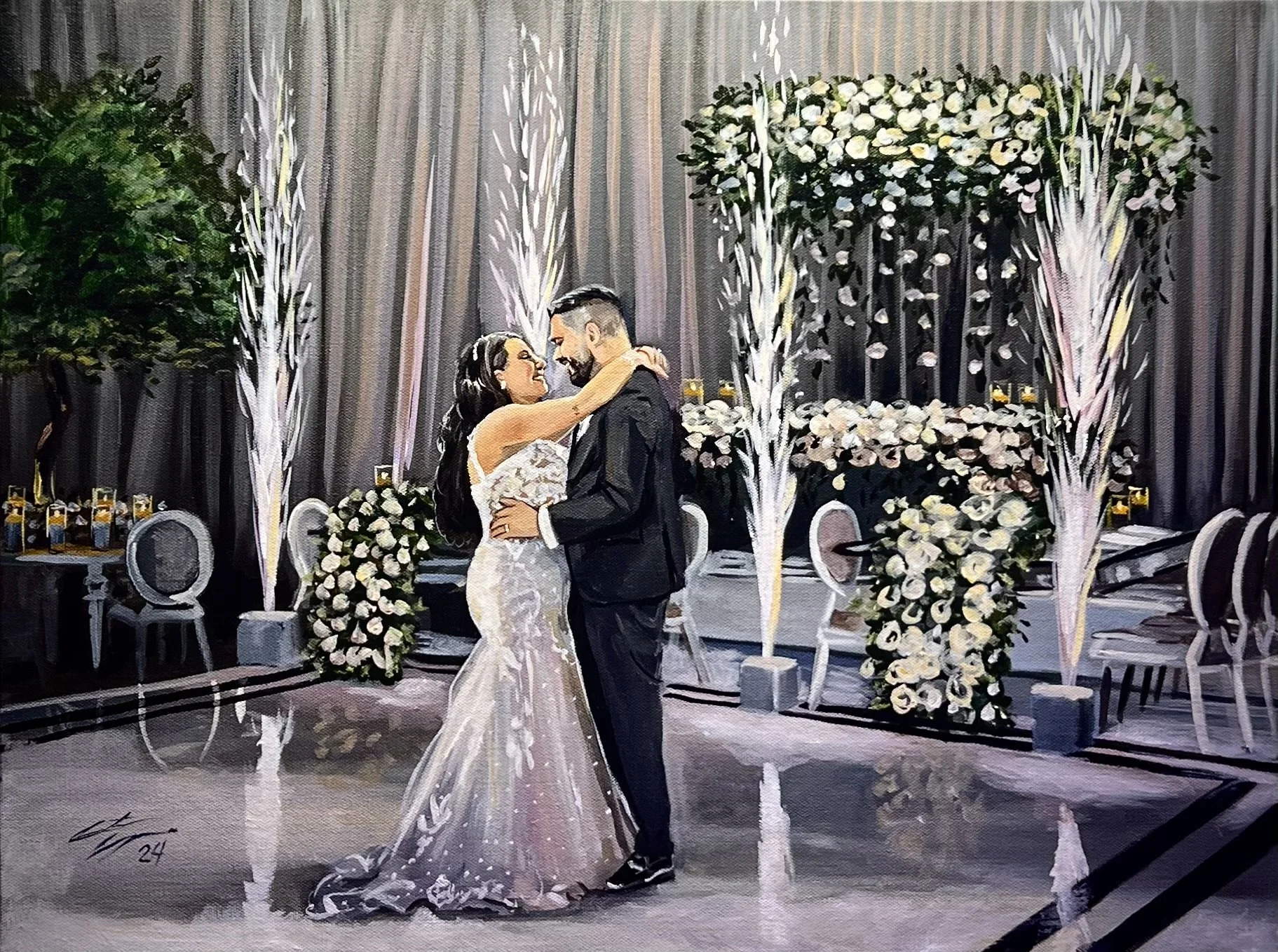 Painting of a bride and groom dancing at a wedding reception, surrounded by floral arrangements and elegant decorations.
