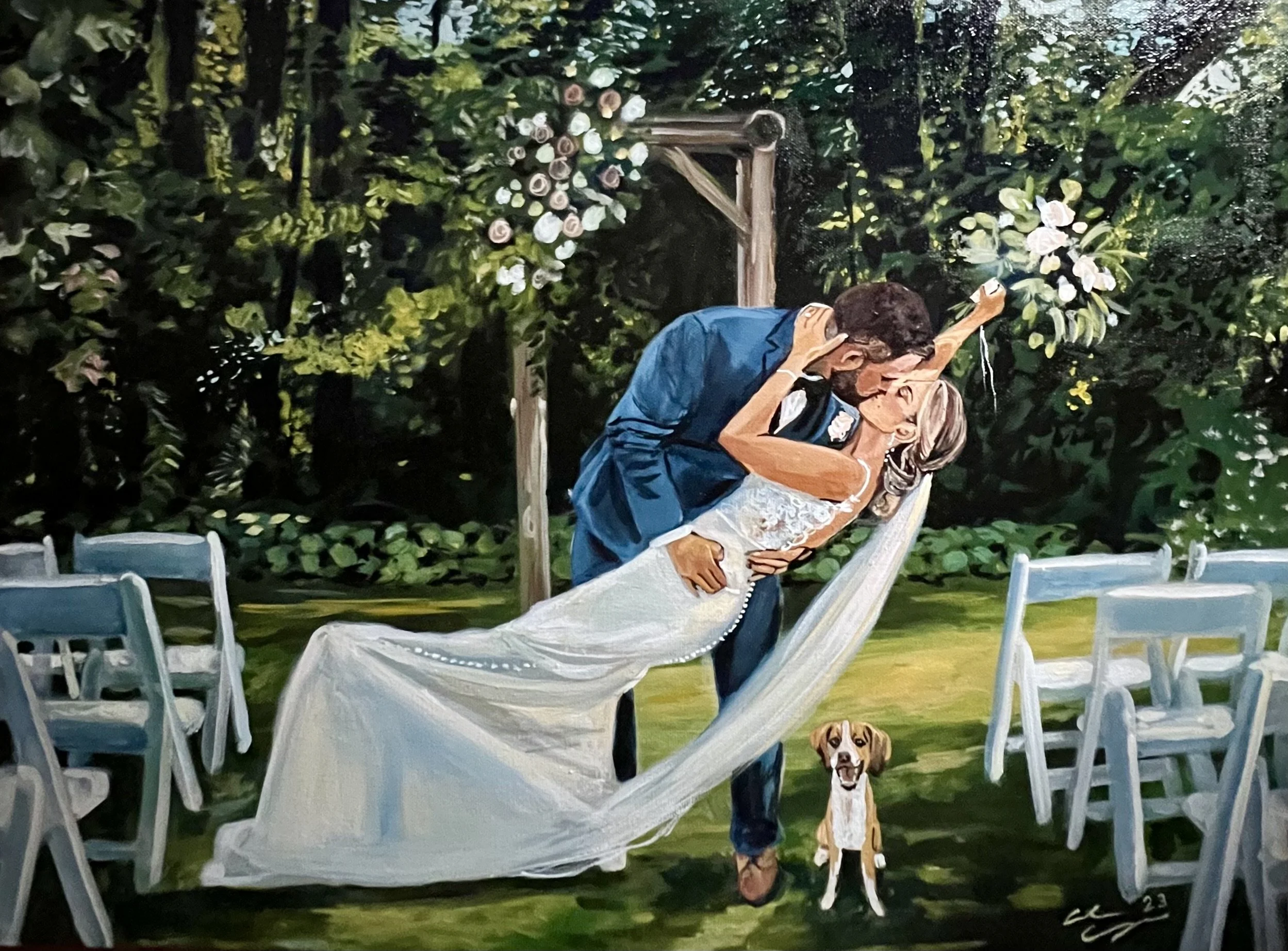 A painting of a newlywed couple sharing a kiss with a dog sitting below them at an outdoor wedding ceremony, surrounded by chairs and blooming trees.