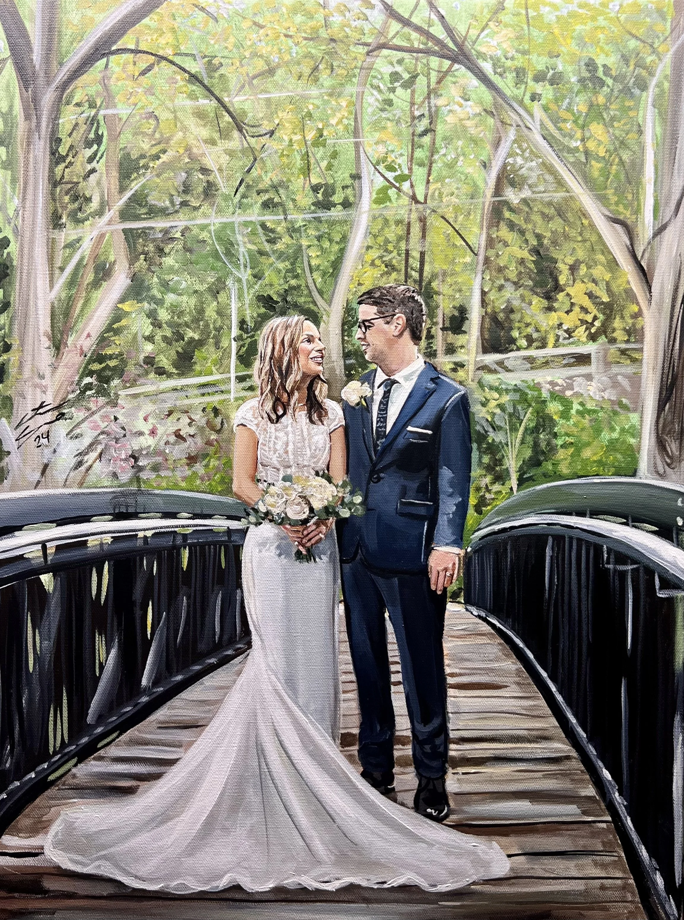 live wedding painting by toronto ontario live painter catarina cruzeiro, Ancaster Mill Bridge