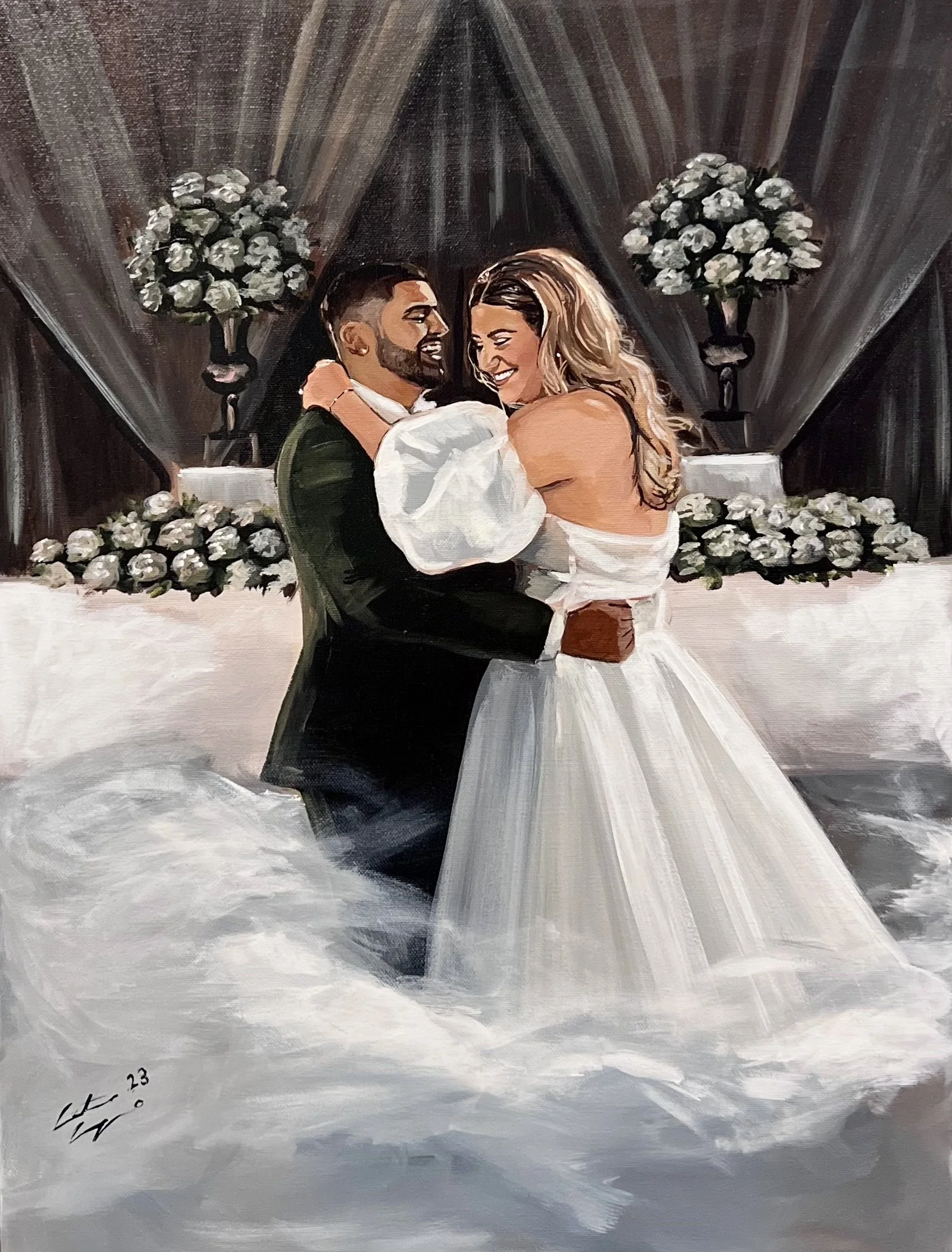 A painting of a newlywed couple dancing at their wedding reception. The bride wears a white off-the-shoulder gown, and the groom wears a black tuxedo. They are smiling warmly at each other, with floral arrangements and draped curtains in the backgrou