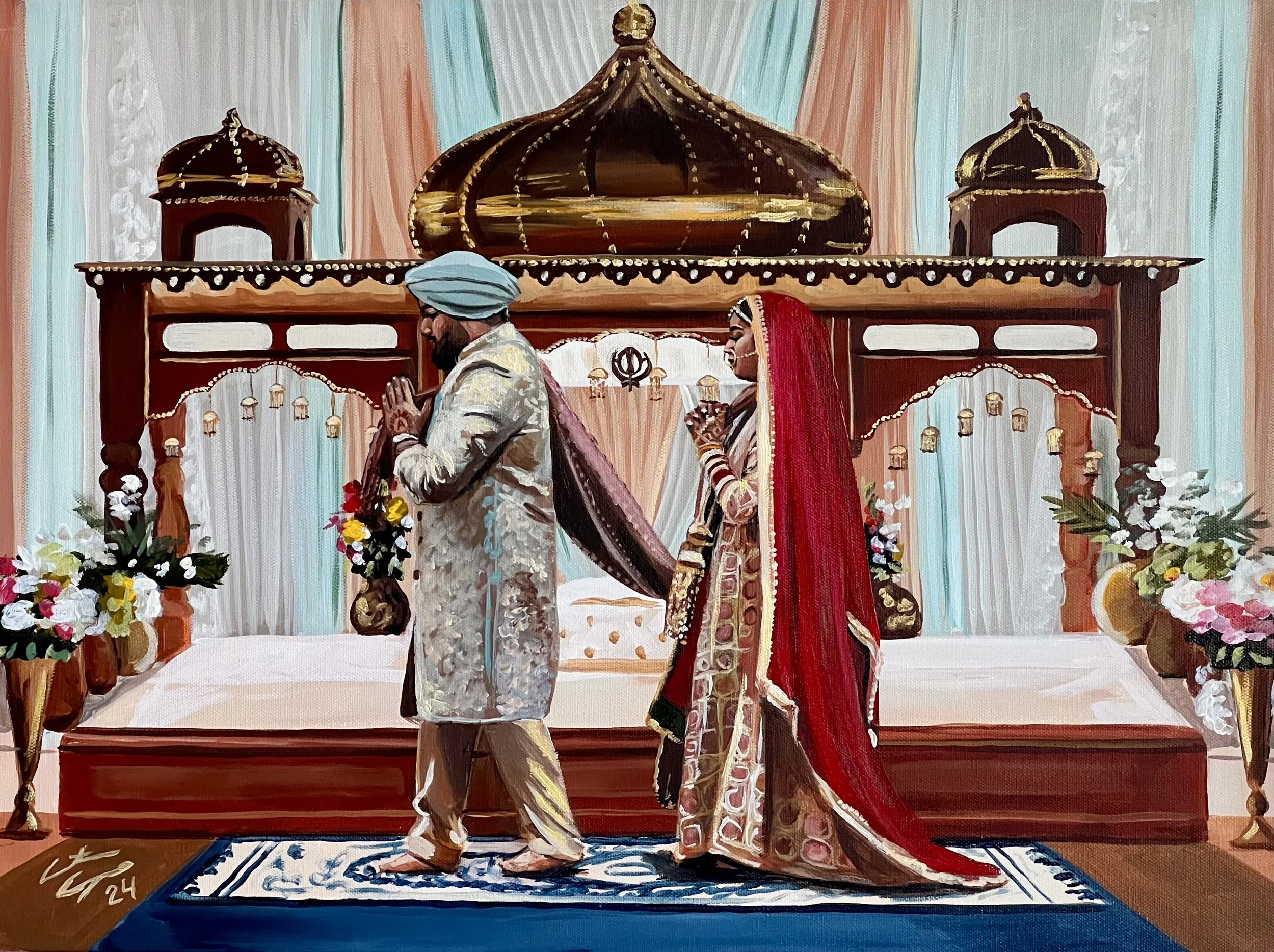 live wedding painting by toronto ontario live painter catarina cruzeiro, sikh wedding ceremony anand karaj live painting