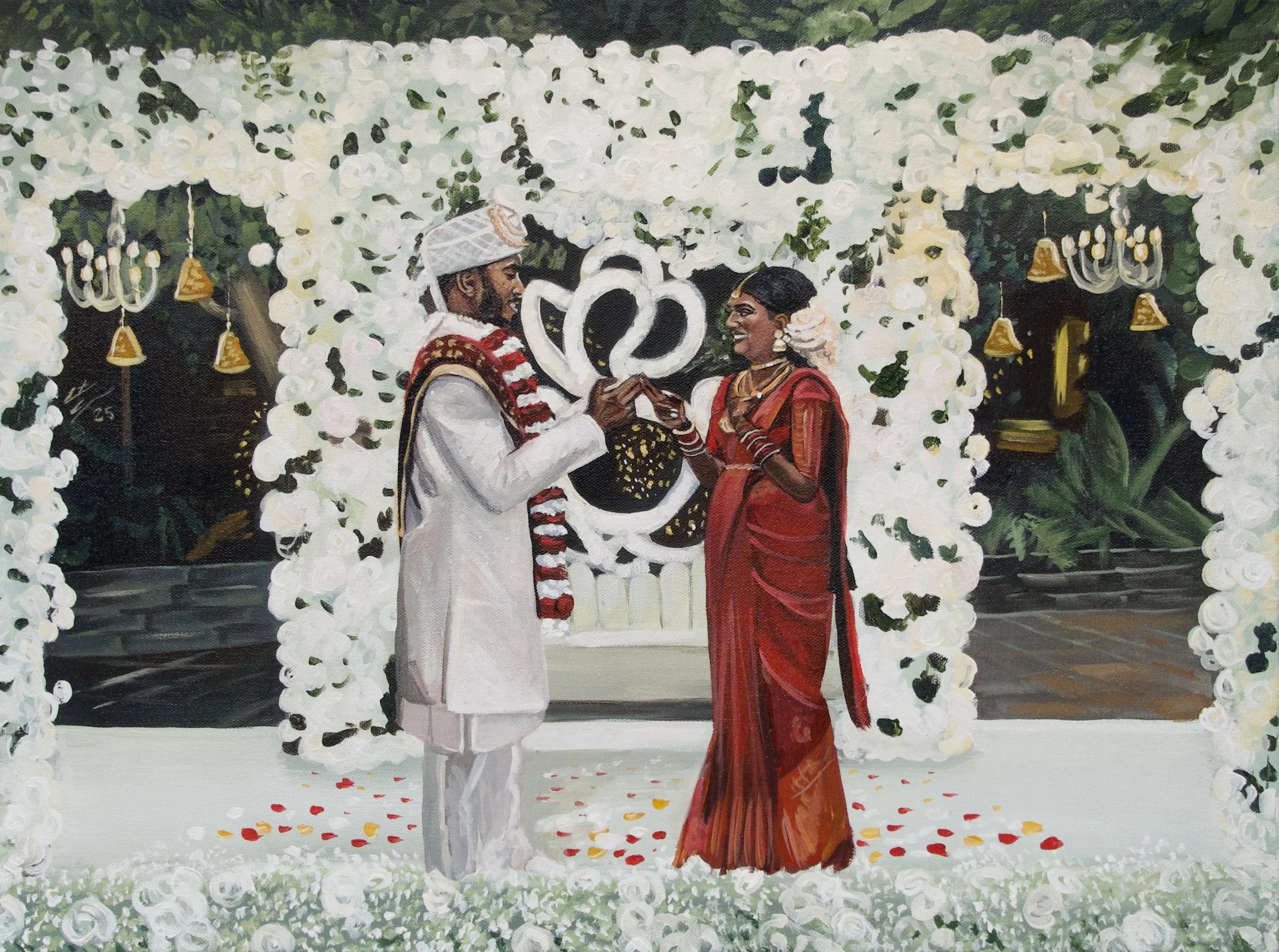 A painting of a Hindu wedding ceremony with a groom in white traditional attire and a bride in a red saree , surrounded by white flowers and decorative arches at Madison Greenhouse in Newmarket Ontario