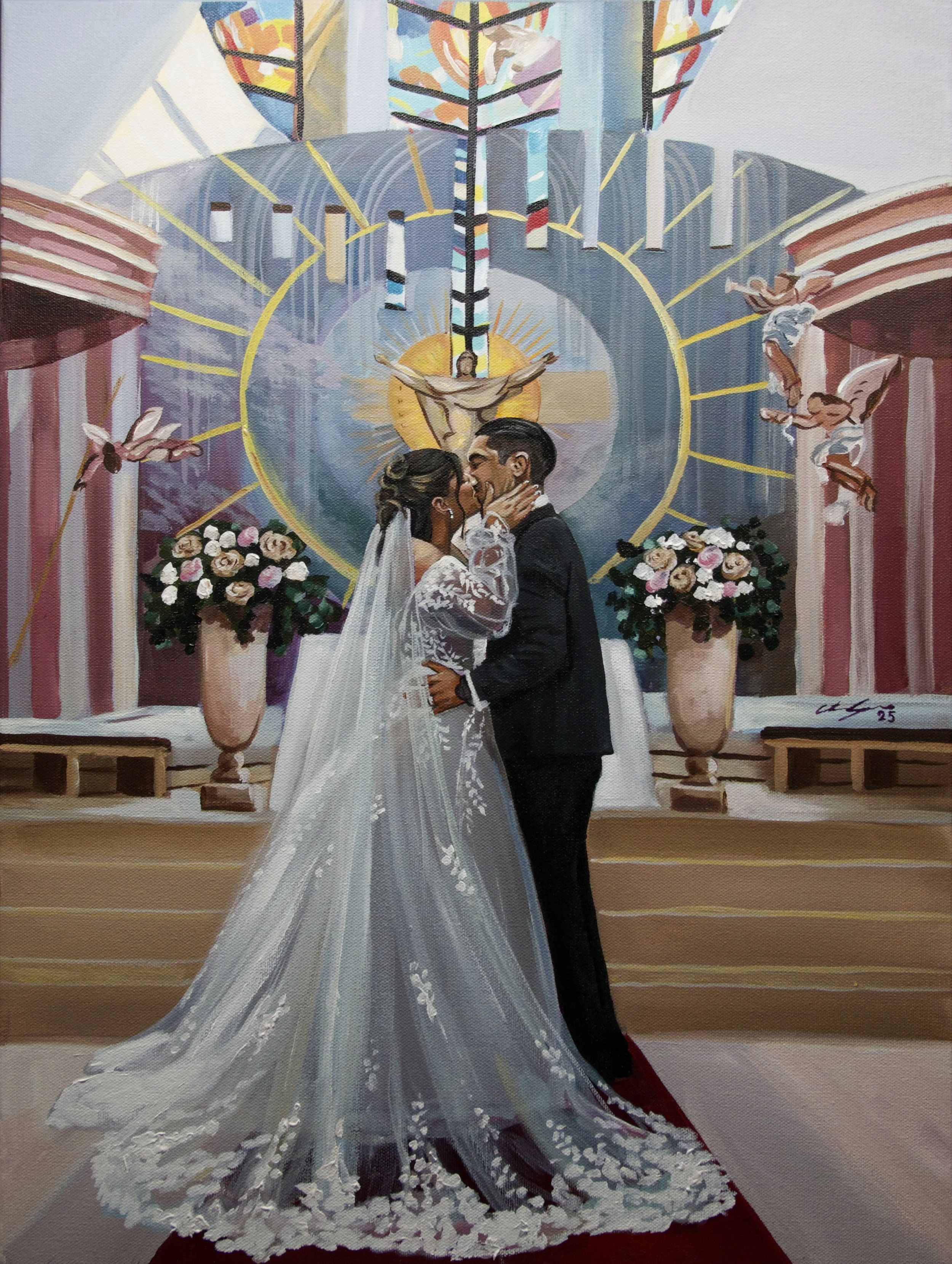 first kiss at church wedding. live wedding painting by toronto ontario live painter catarina cruzeiro