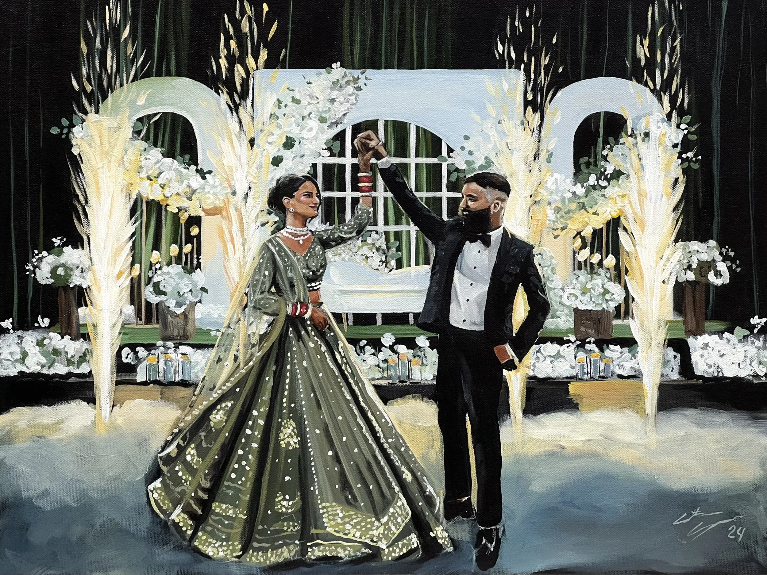 A painting of a newlywed couple dancing at their wedding reception, with a backdrop of floral decorations and a white arch.