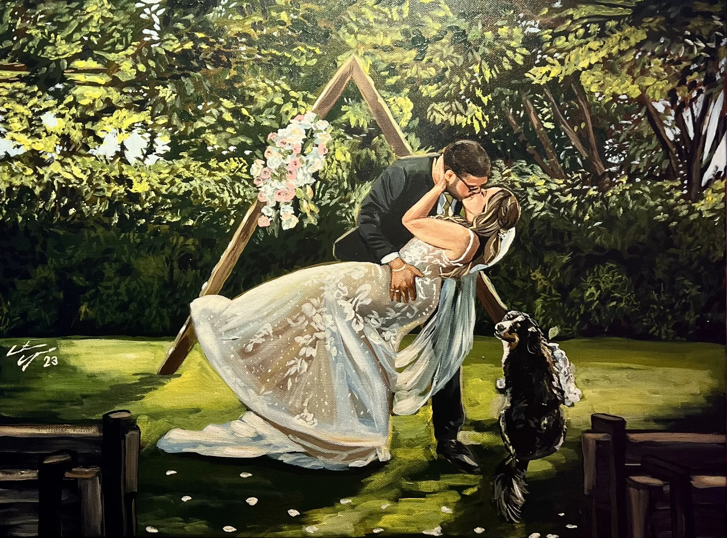 Painting of a couple kissing during their wedding, with a woman in a white dress and a man in a black suit, with a black and white dog, in an outdoor garden setting with greenery and floral decorations.