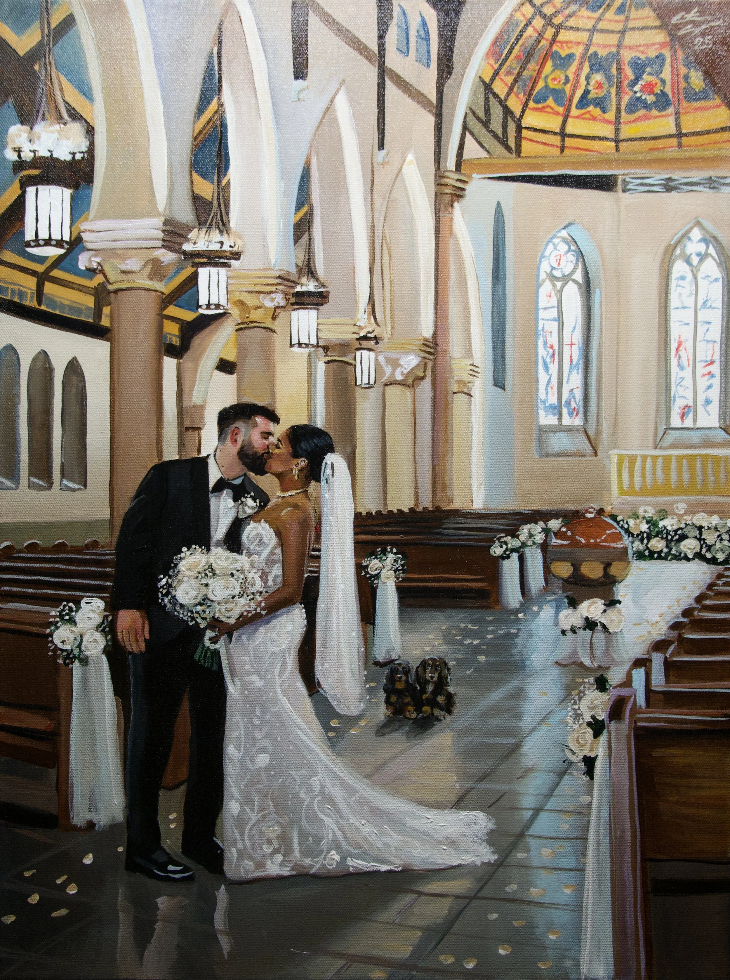 wedding recessional kiss at catholic church live wedding painting by toronto ontario live painter catarina cruzeiro