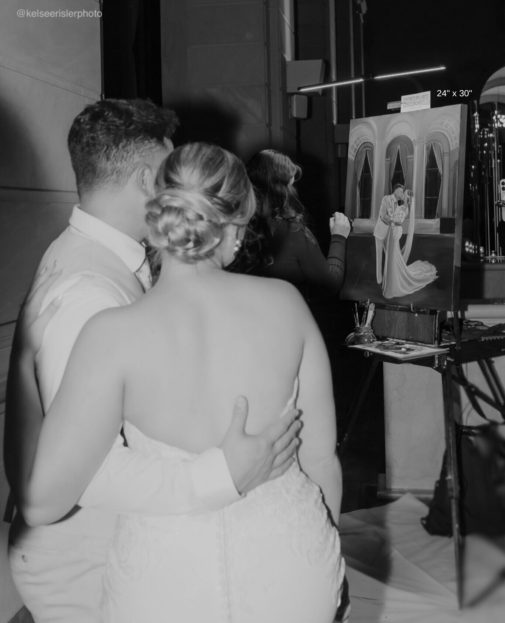 Bride and Groom Newlyweds admiring their live wedding painting coming to life as Catarina Cruzeiro paints their portraits in front of them and their guests.