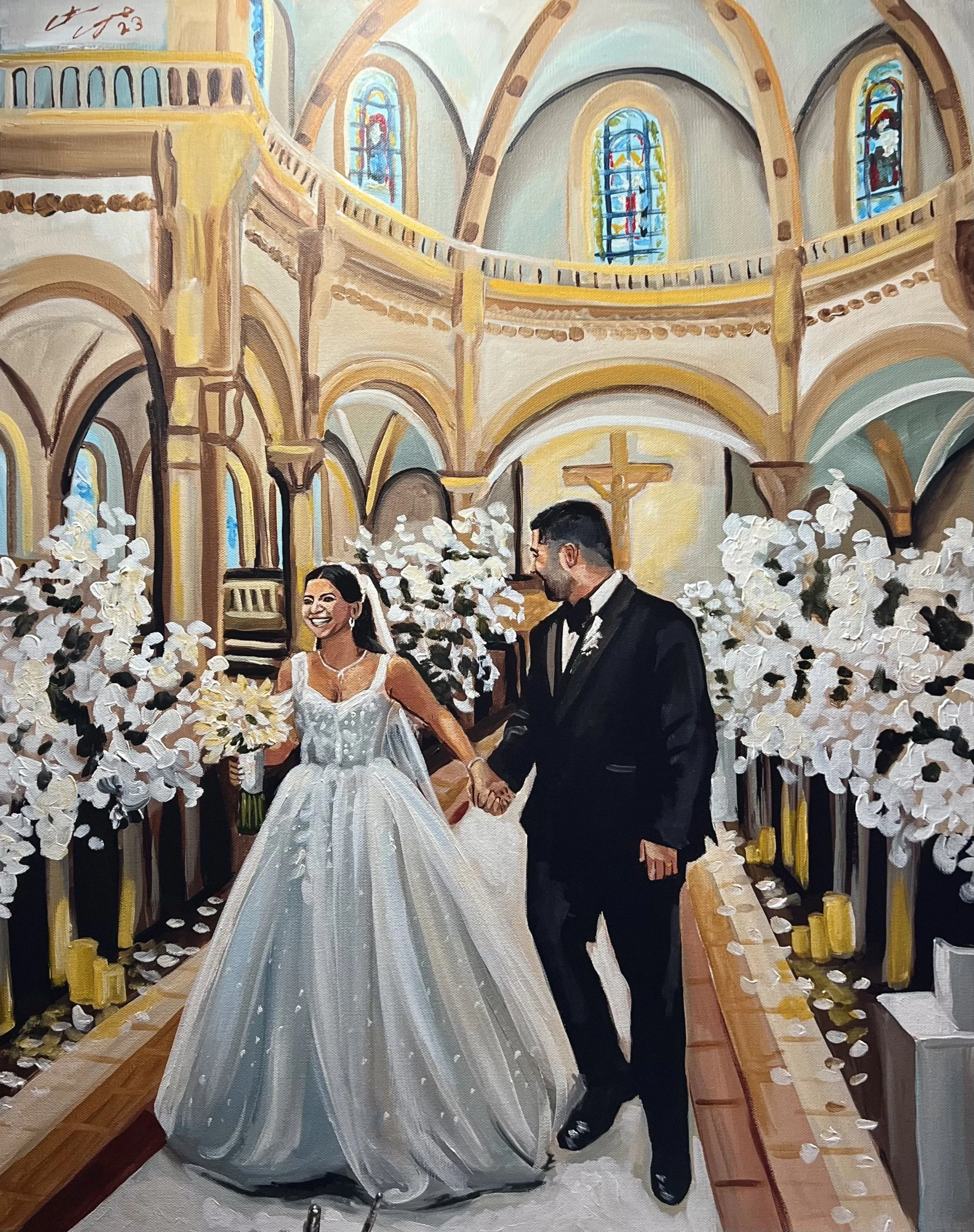 A bride and groom holding hands inside a church, surrounded by white flowers and candles, with stained glass windows and a cross in the background.