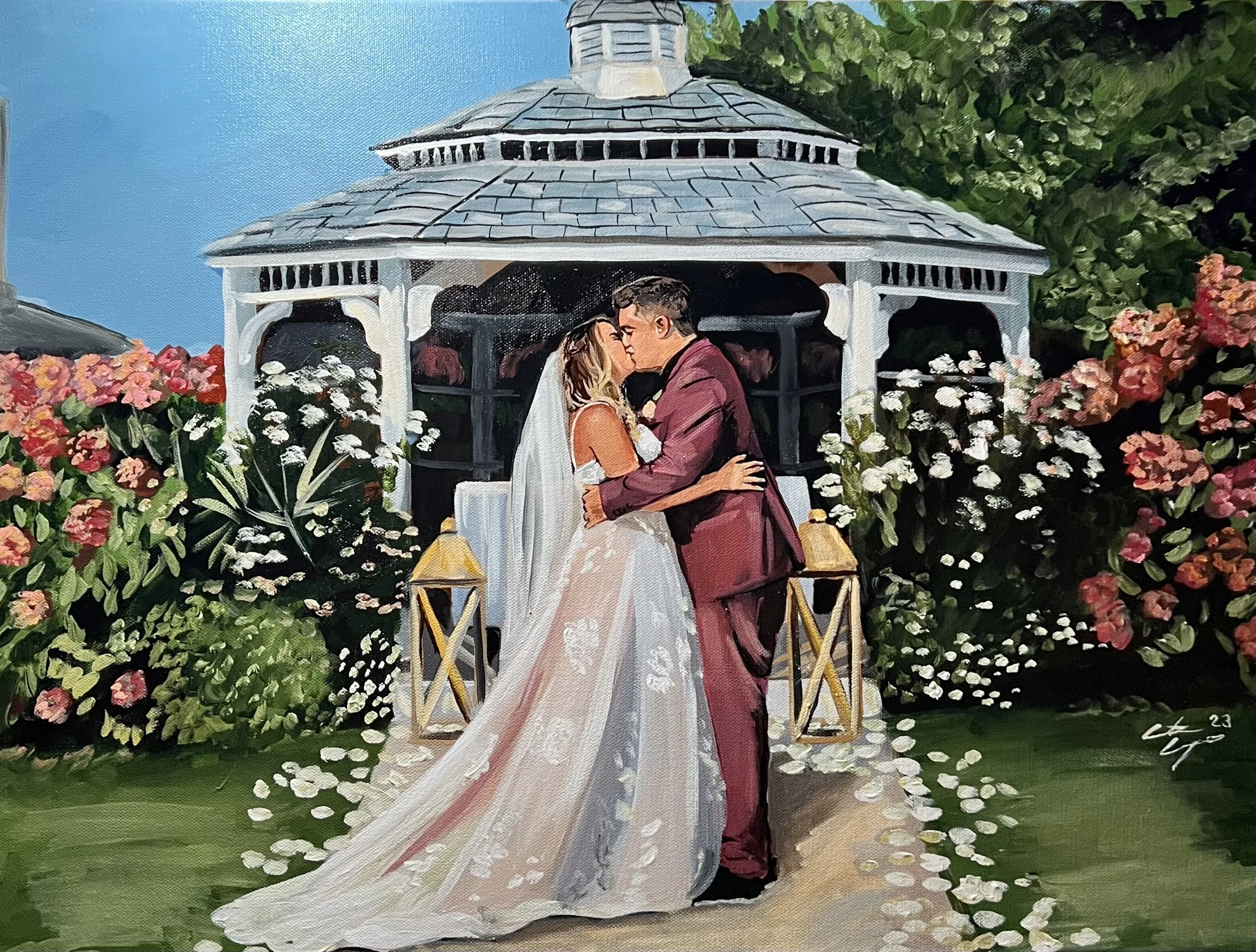 A painting of a bride and groom sharing a kiss in front of a white gazebo, surrounded by colorful flowers in a garden.