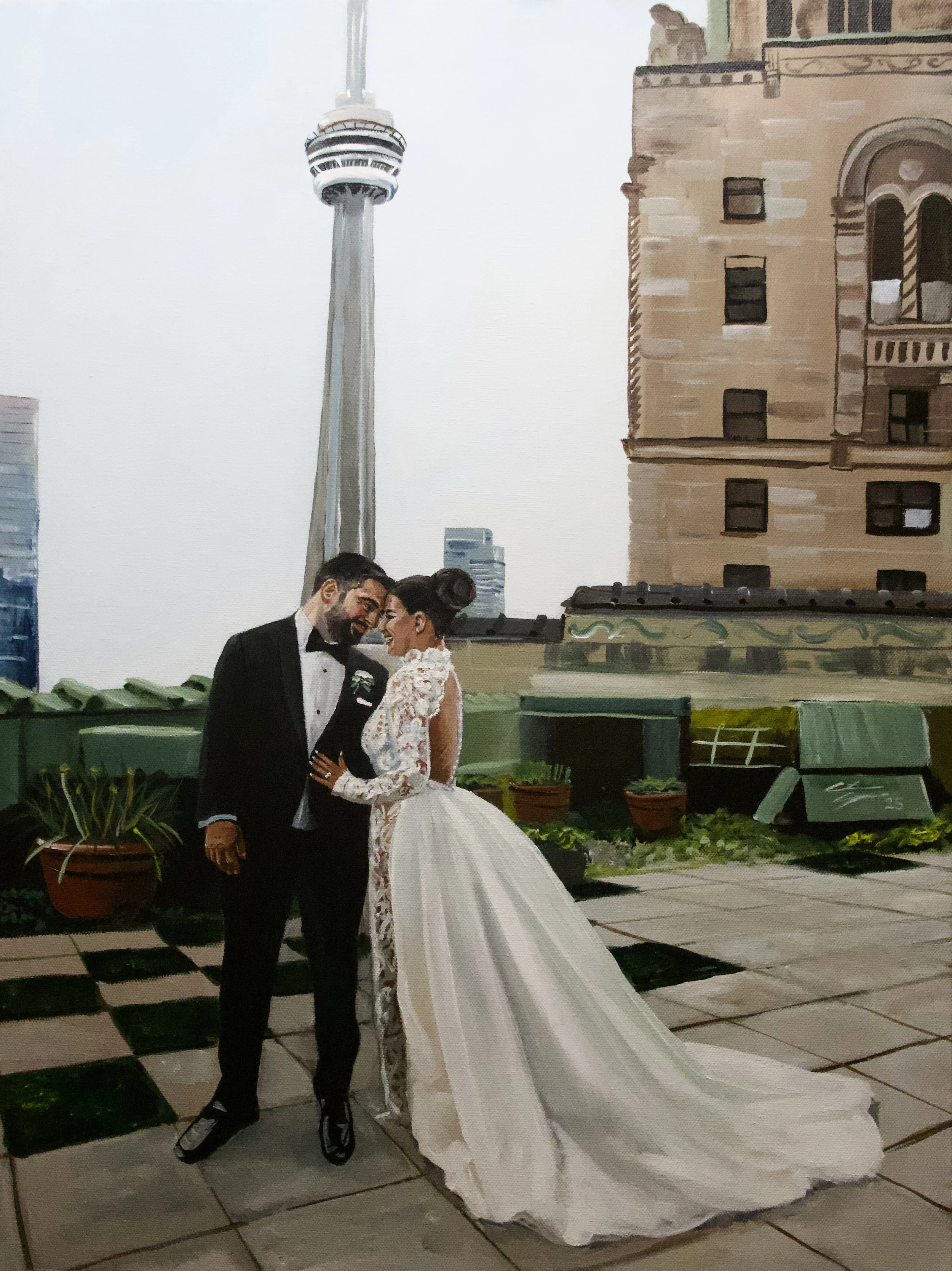live wedding painting by toronto ontario live painter catarina cruzeiro. Rooftop photoshoot at fairmont royal york hotel with the CN tower in the background.
