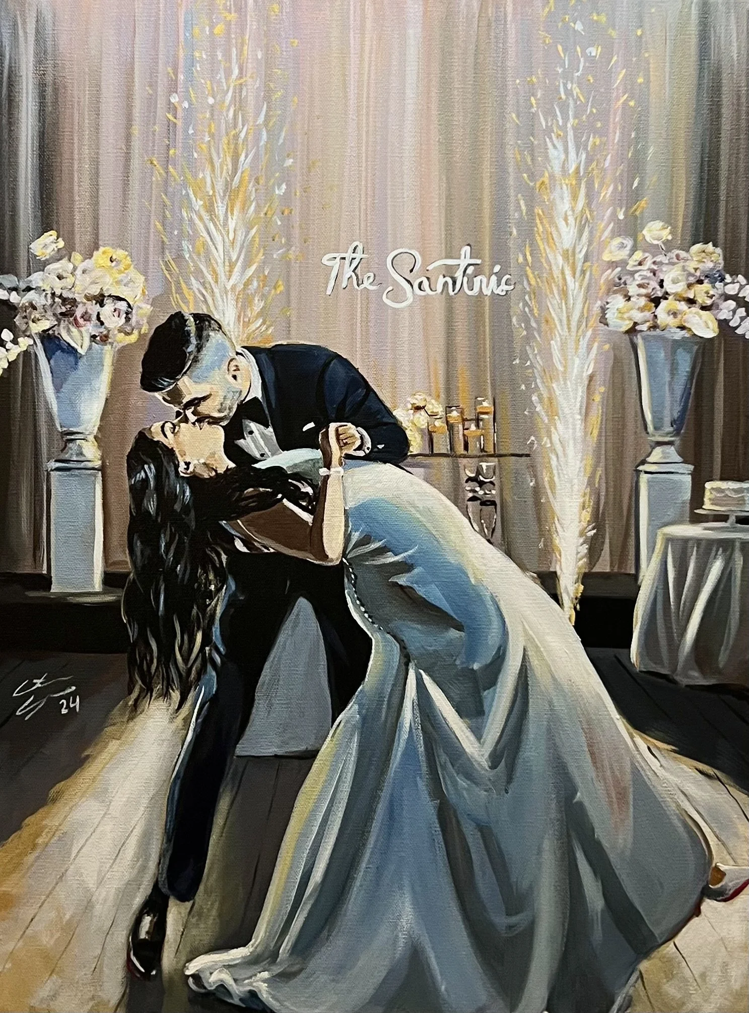 A painting of a couple dancing at a wedding reception. The man is in a tuxedo, holding the woman in a white wedding dress as they dance closely. The background features large flower arrangements on pedestals and a decorative backdrop 
