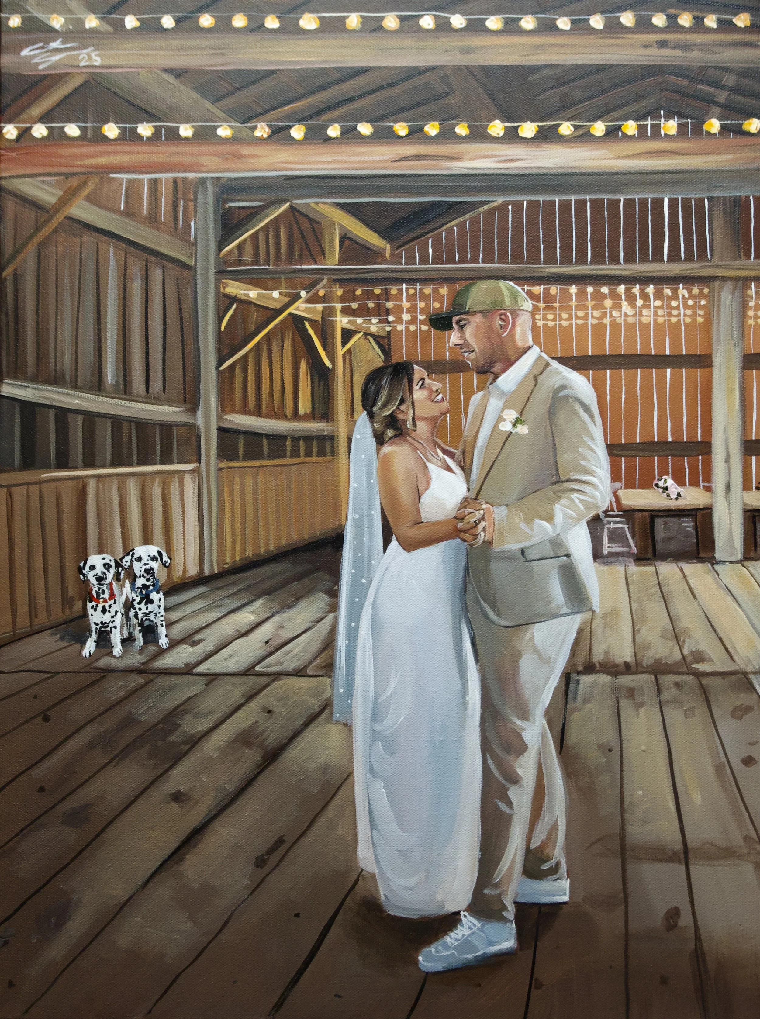 barn wedding first dance with dalmations in the background live wedding painting by toronto ontario live painter catarina cruzeiro