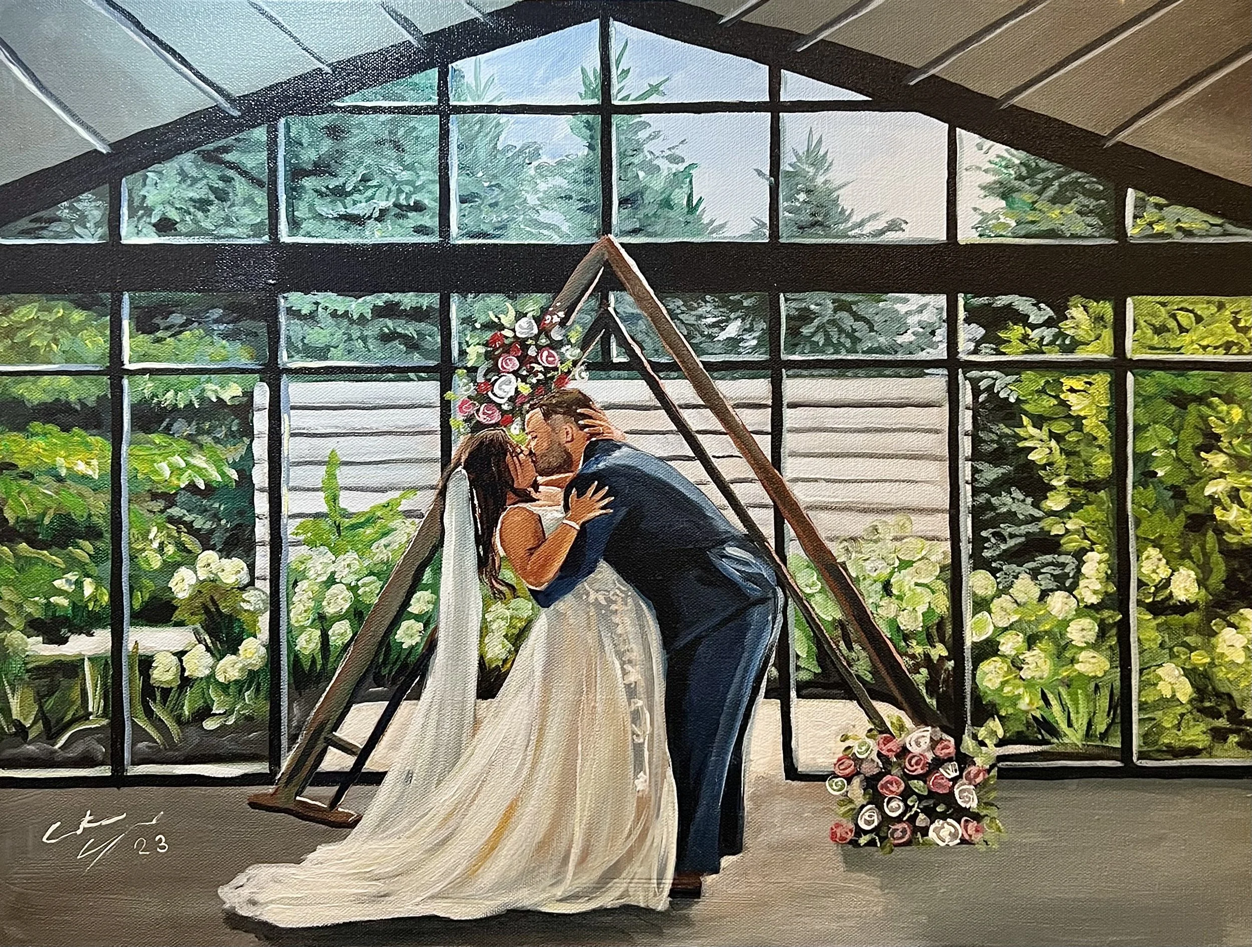 A painting of a couple kissing in front of a window with trees outside, a wooden arch with flowers, and a bouquet of roses on the floor.
