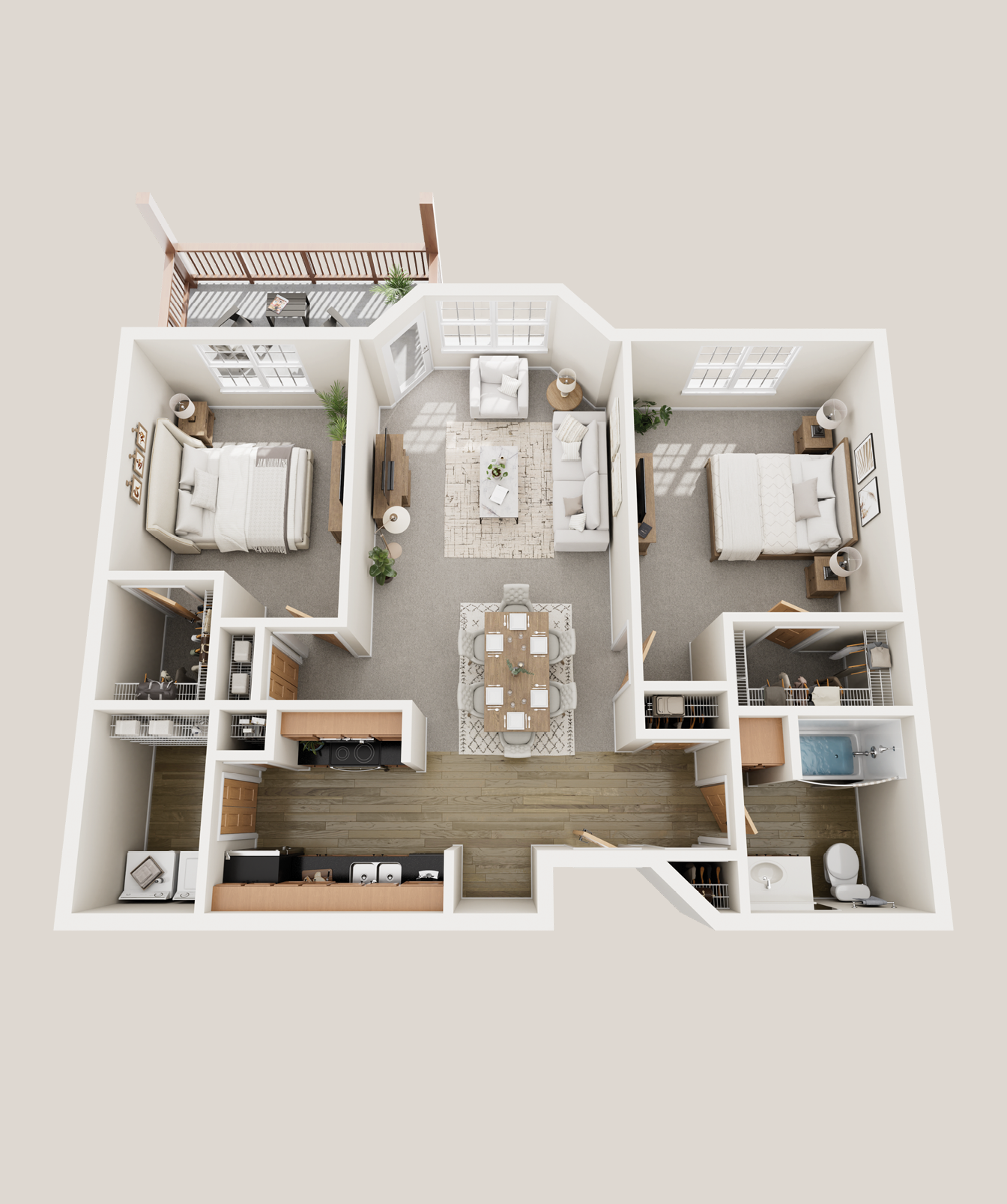 Floor plan of an apartment with two bedrooms, a living room, dining area, kitchen, bathroom, and balcony