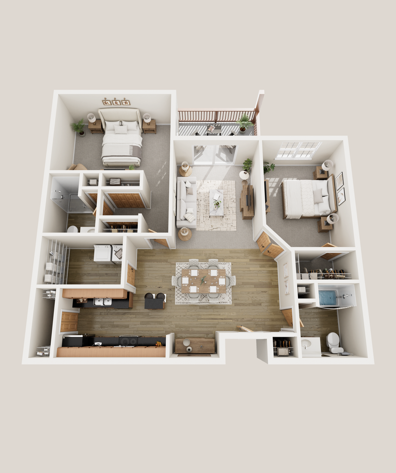 3D floor plan of a two-bedroom apartment with living room, kitchen, dining area, two bedrooms, bathrooms, and balcony.