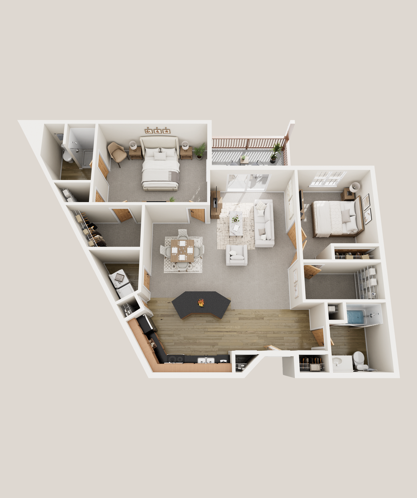 3D floor plan of a two-bedroom apartment with living room, kitchen, dining area, bathroom, walk-in closet, and balcony.