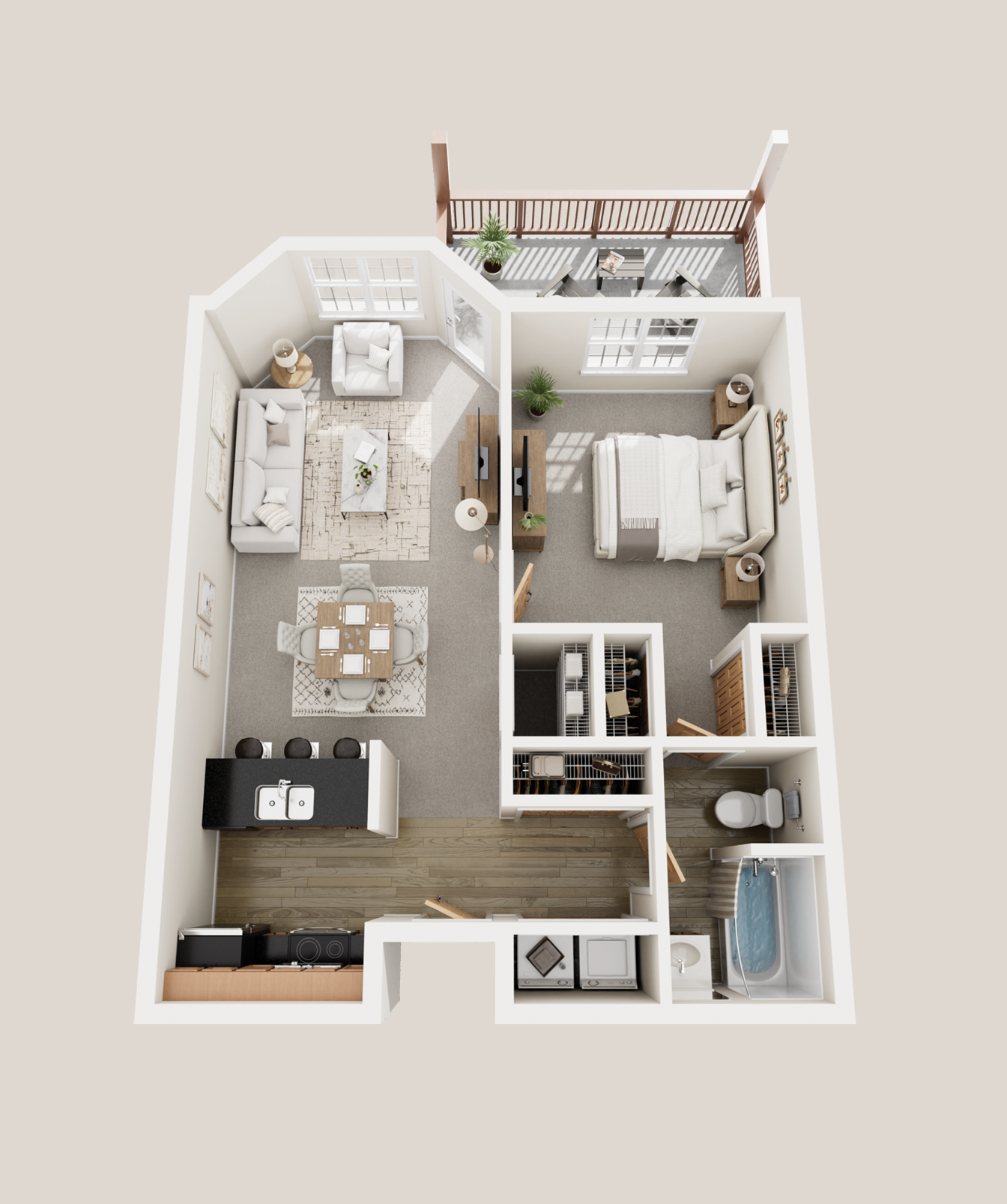 A 3D floor plan of a one-bedroom apartment with a living room, dining area, kitchen, bedroom, walk-in closet, bathroom with bathtub, and a balcony with outdoor seating.