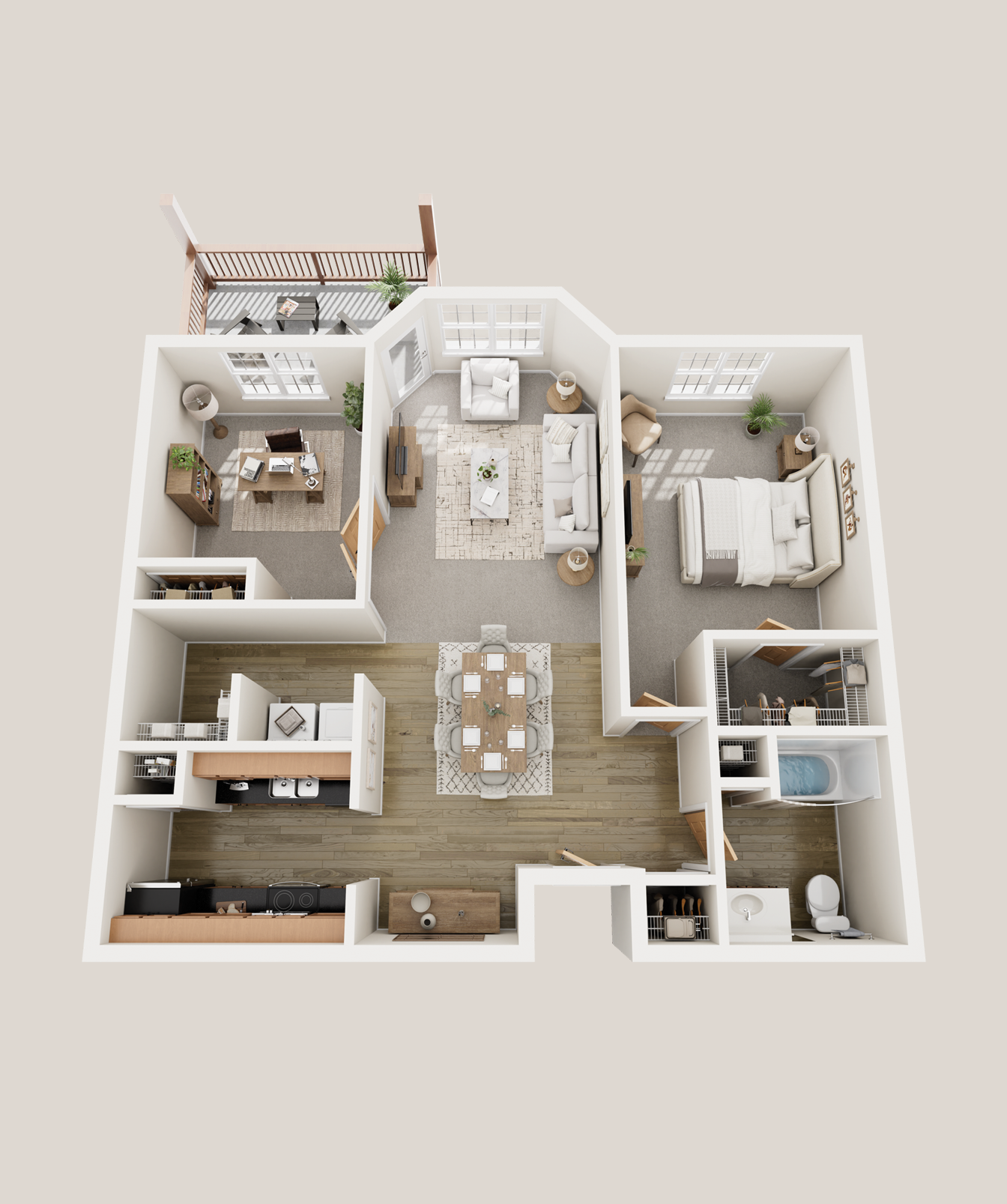 3D floor plan of a one-bedroom apartment with living room, bedroom, bathroom, kitchen, dining area, and balcony.