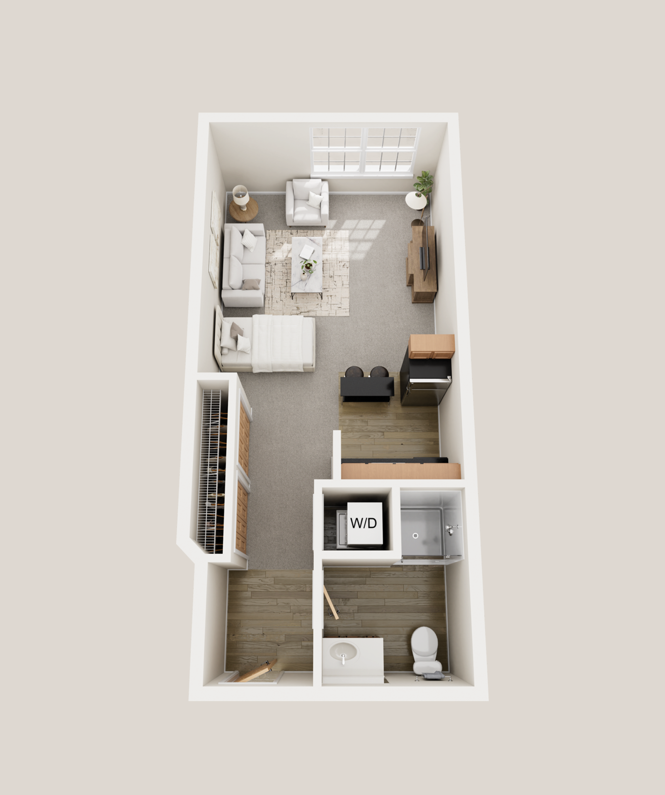 Floor plan of a small apartment with a living room, bedroom, bathroom, and laundry area.