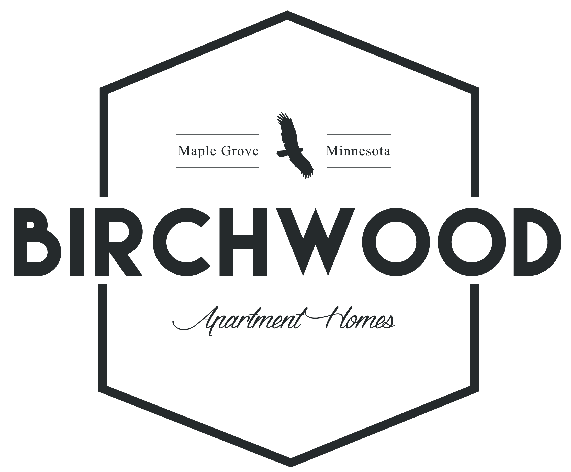 Logo for Birchwood Apartment Homes in Maple Grove, Minnesota featuring a stylized house outline, with the text 'Maple Grove Minnesota' and an eagle silhouette, and the name 'Birchwood' in large letters above 'Apartment Homes' in script.