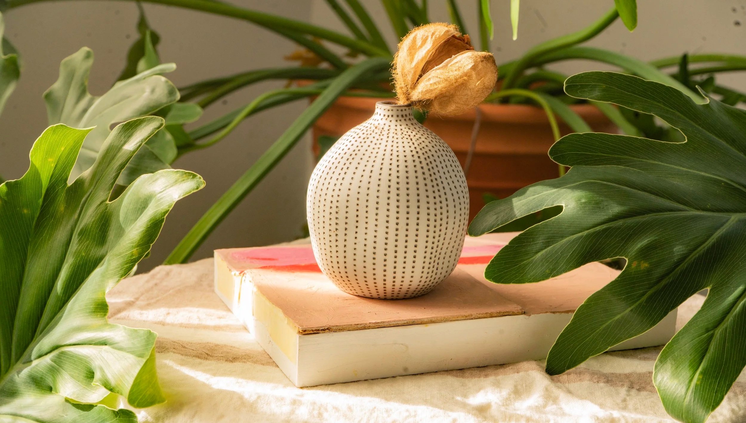 A white dotted ceramic vase with a dried seed pod sits on a pink and white wooden block, surrounded by large green tropical leaves and potted plants in the background.