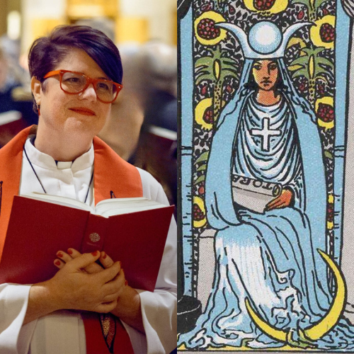 A woman with short purple hair and red glasses holding a red book, standing indoors. Next to her is a stained glass window depicting a woman in a blue crown and robes, sitting on a crescent moon, holding a book, with decorative plants around her.