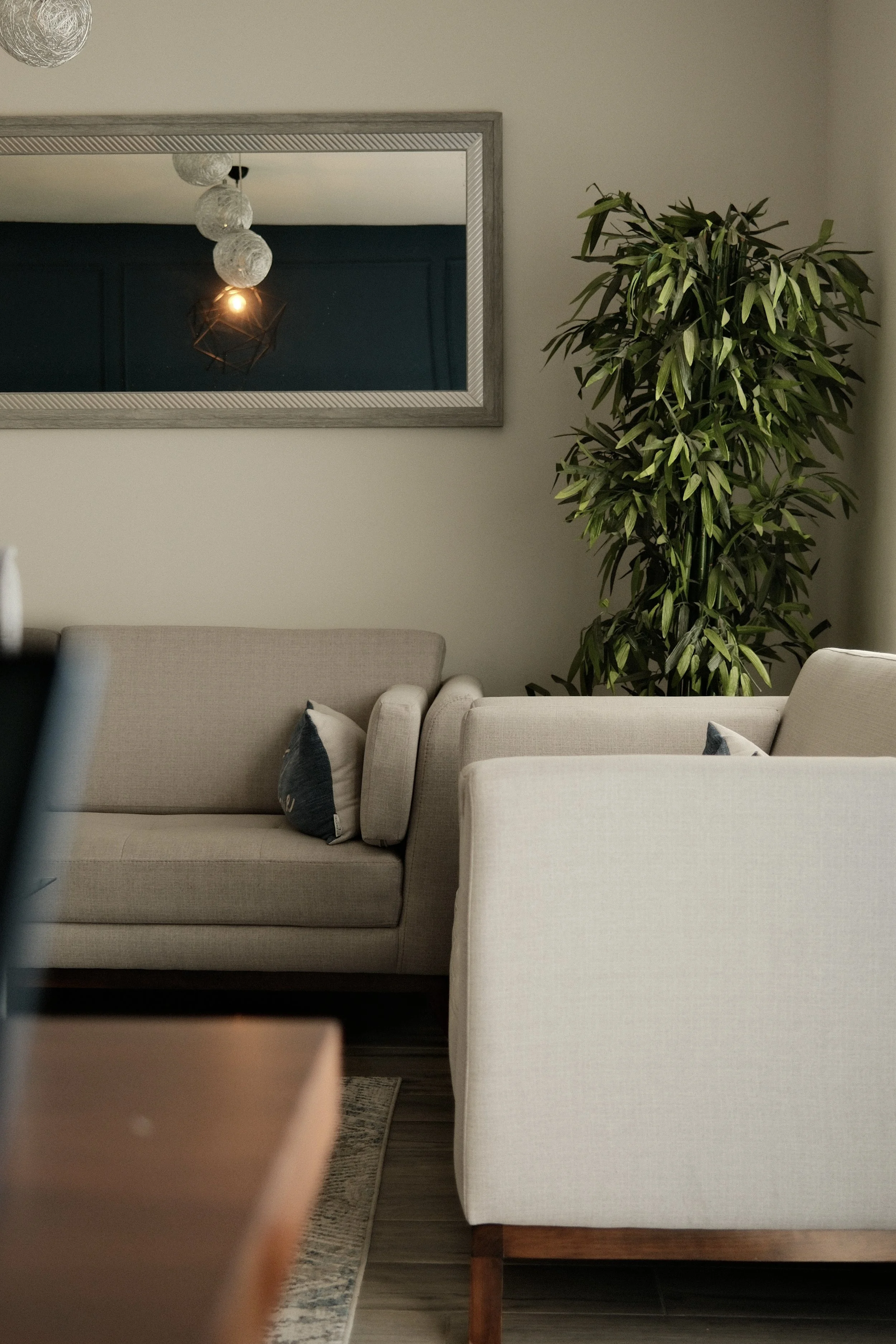 Living room with beige sofas, a tall indoor plant, and a wall mirror reflecting hanging lights.
