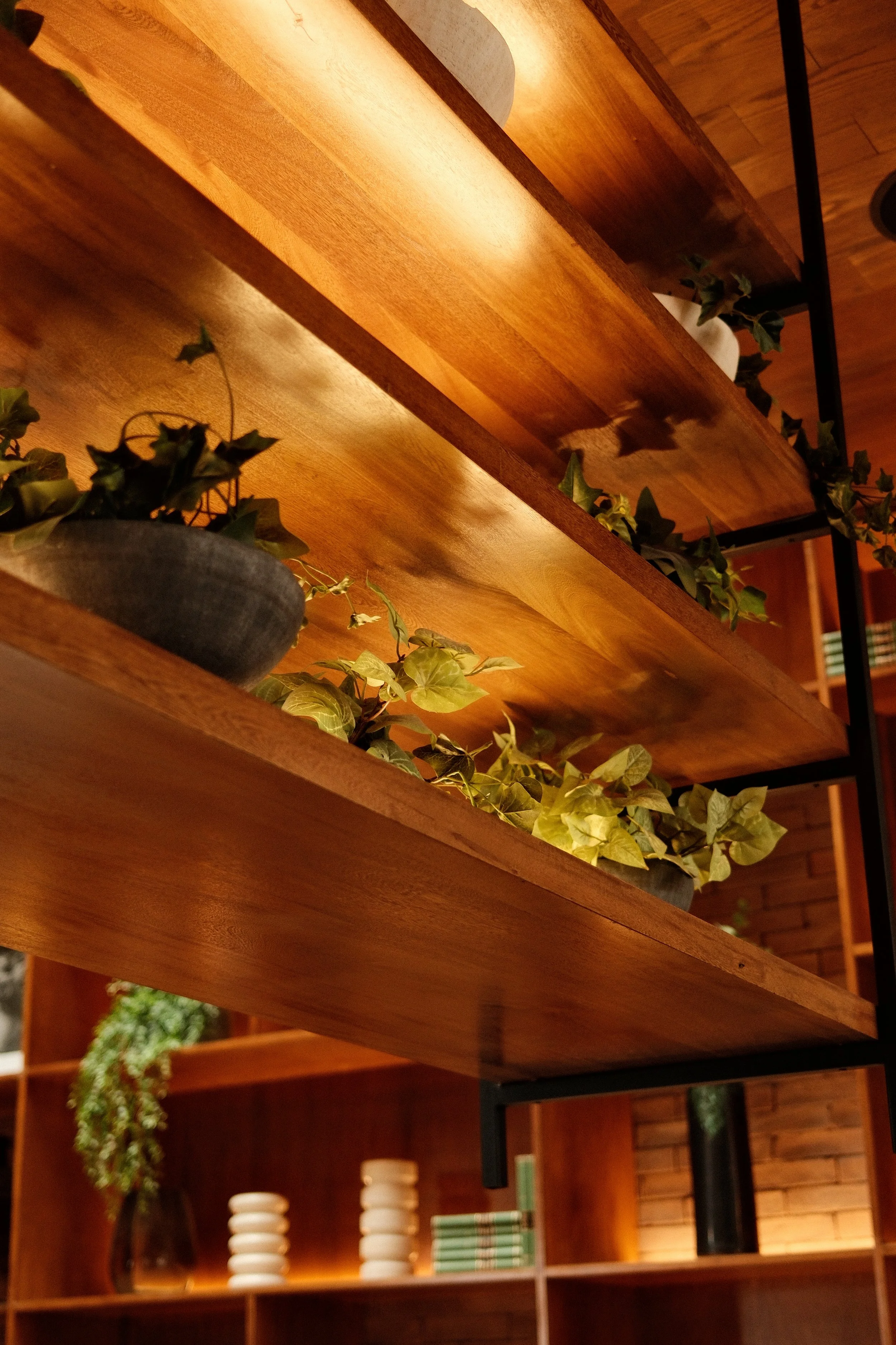 Close-up of wooden shelves decorated with potted plants, including ivy and other greenery, in a warm, cozy interior with brick walls.