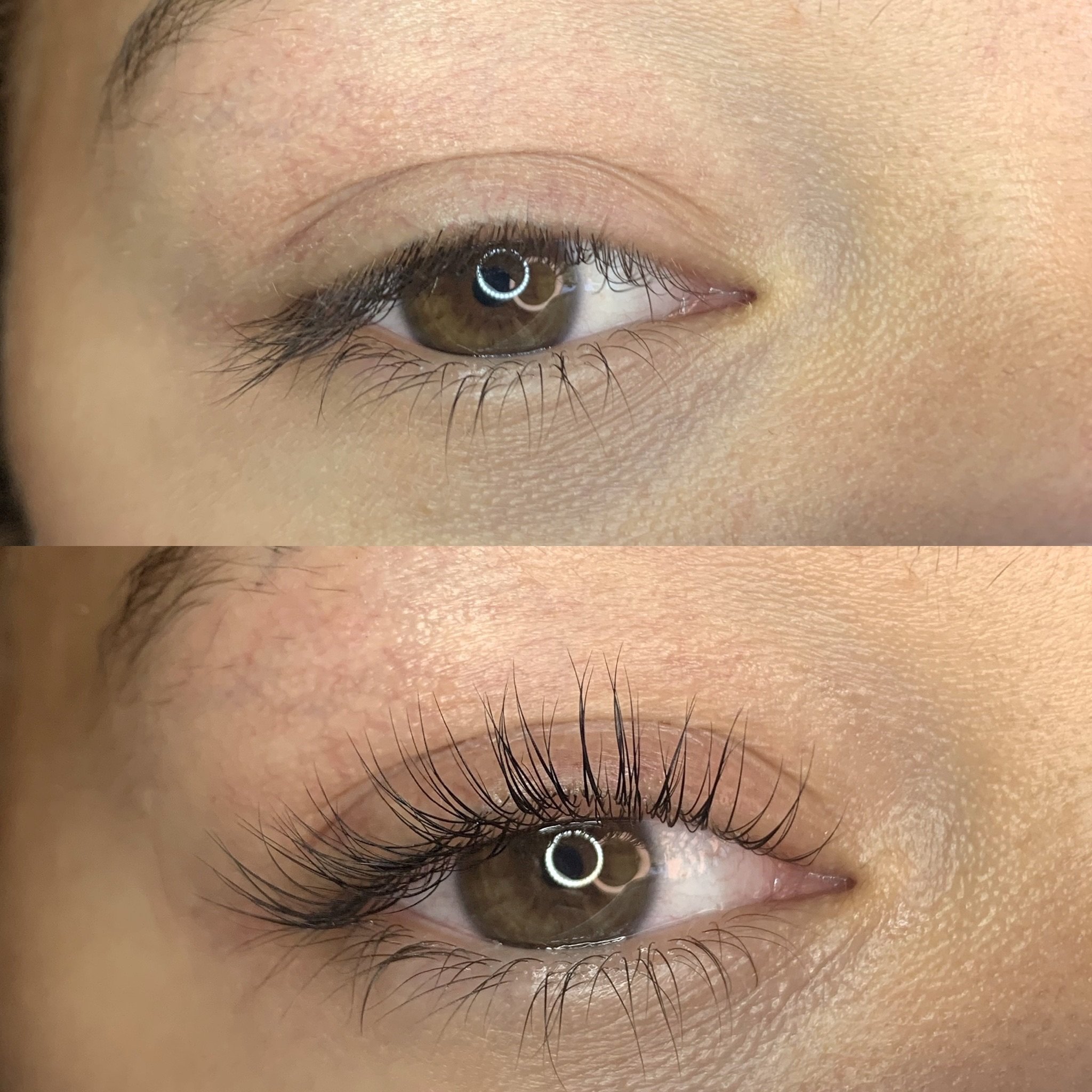 Close-up of a human eye before and after applying eyelash extension or mascara; top image shows natural lashes, bottom image shows enhanced lashes with added length and volume.