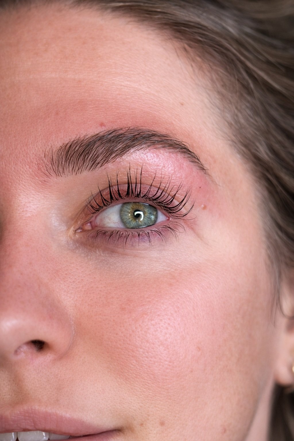 Close-up of a woman's eye showcasing well-groomed eyebrows, long lashes, and clear skin, with light makeup highlighting the eye area.