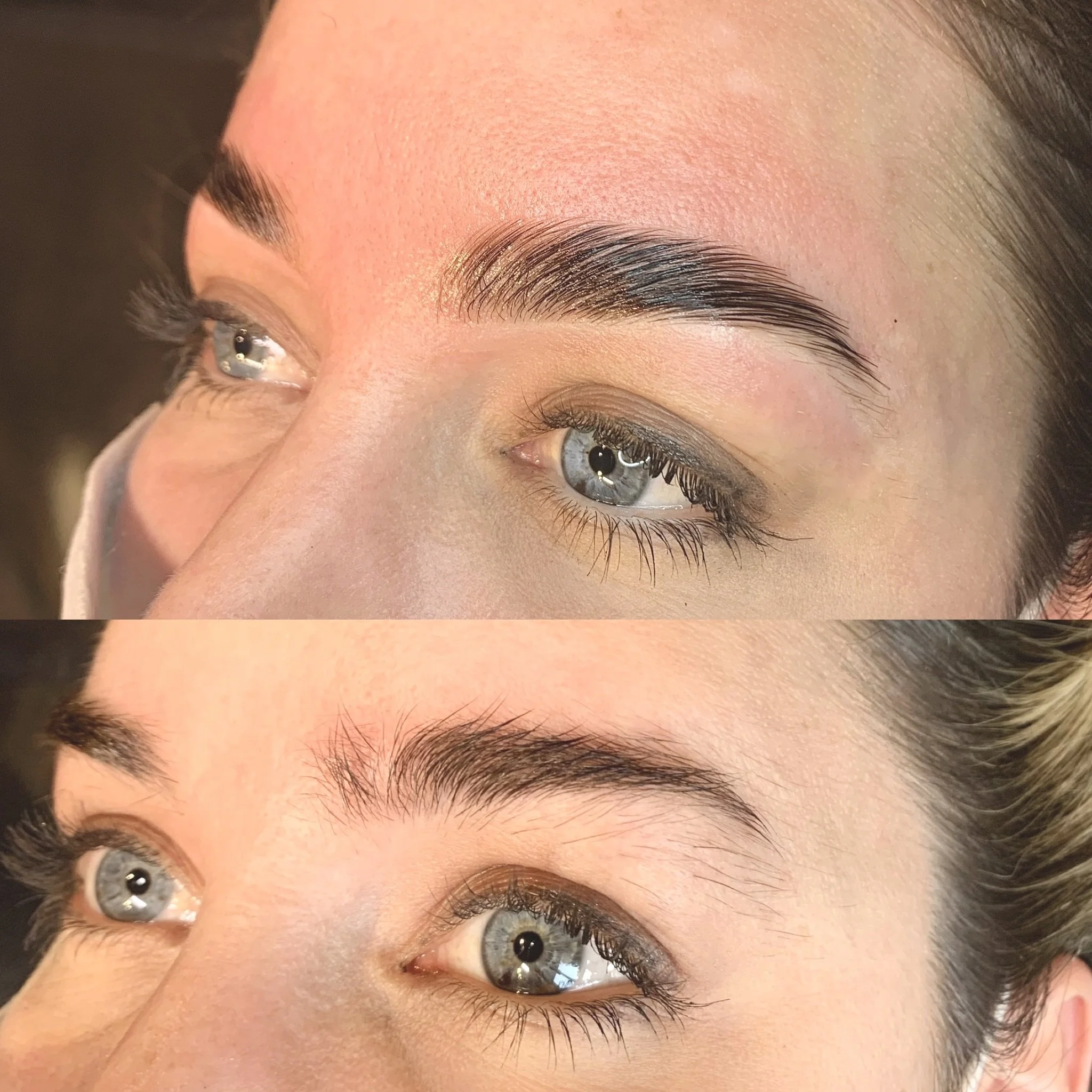 Close-up of a woman's eye area before and after eyebrow grooming, showing the brows in their natural and shaped states.