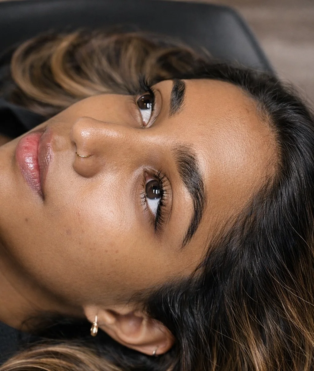 Close-up of a woman's face with well-groomed eyebrows, long eyelashes, and tan skin, lying down and looking upwards.